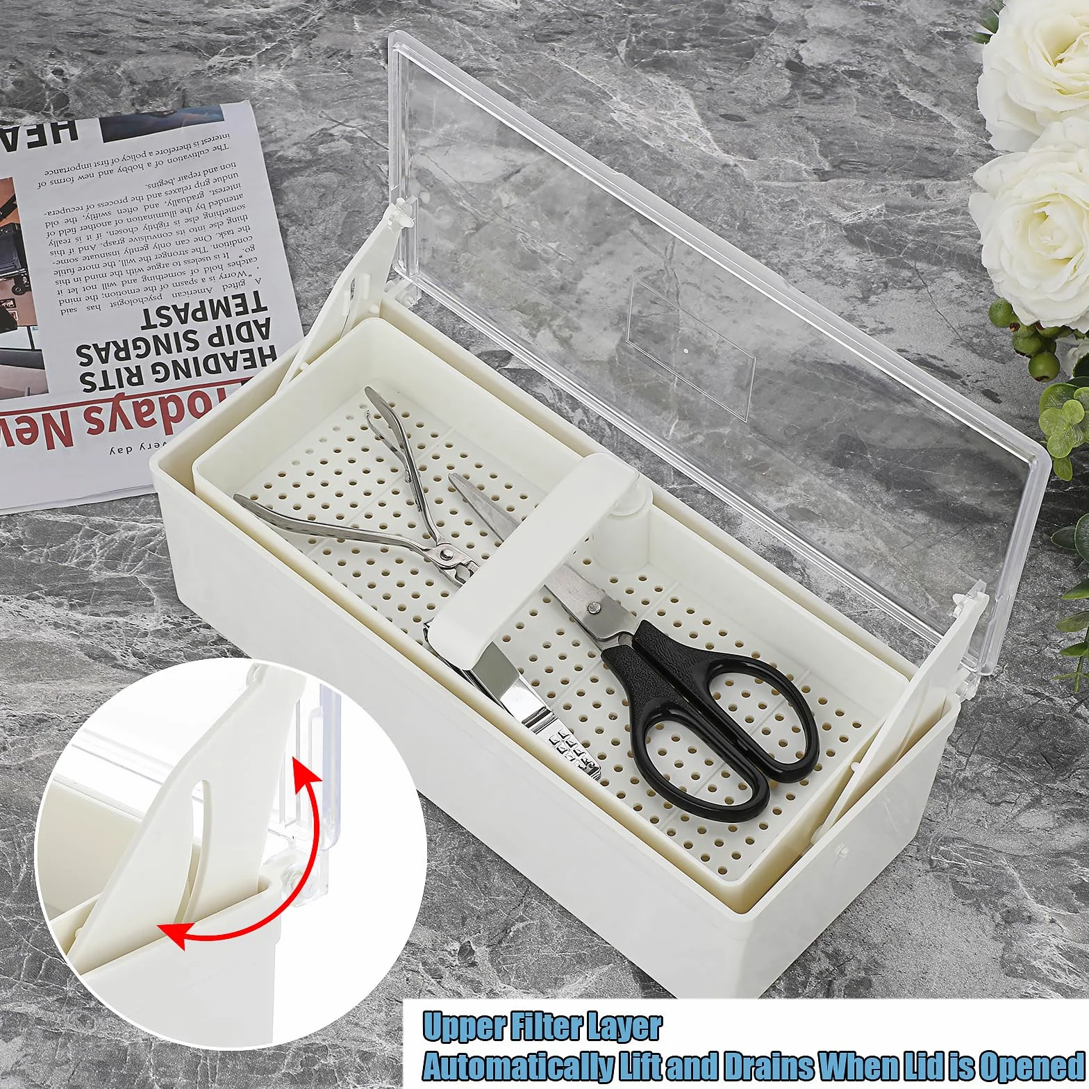 JUXYES Bandeja de esterilización de plástico para accesorios de arte de uñas, bandeja esterilizadora portátil con colador, caja de almacenamiento para pinzas, herramientas de manicura, herramienta de