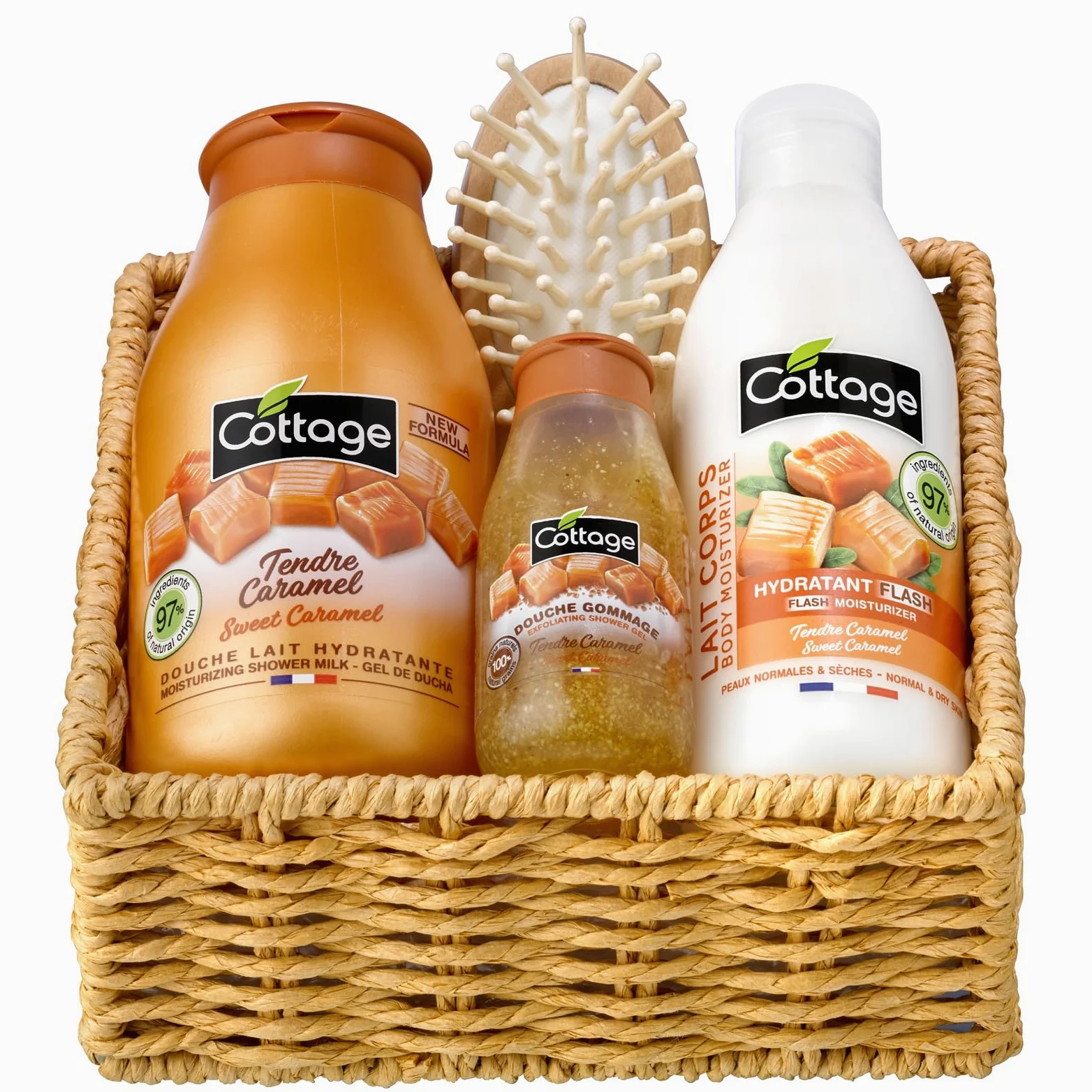Cottage Juego de regalo para el cuidado de la piel de caramelo - 1 gel de ducha + 1 exfoliante de ducha + 1 leche corporal hidratante + 1 esponja exfoliante - Fabricado en Francia