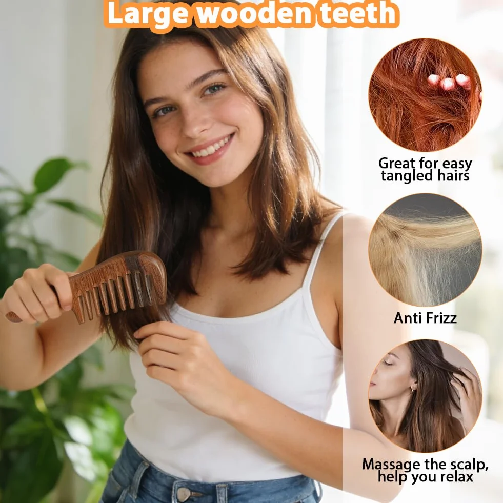 Peine de Sándalo Dorado 100% Natural, 2 Piezas para Cabello, Madera Puas Anchas+Finos, Antifrizz, Todo Tipo de Pelo