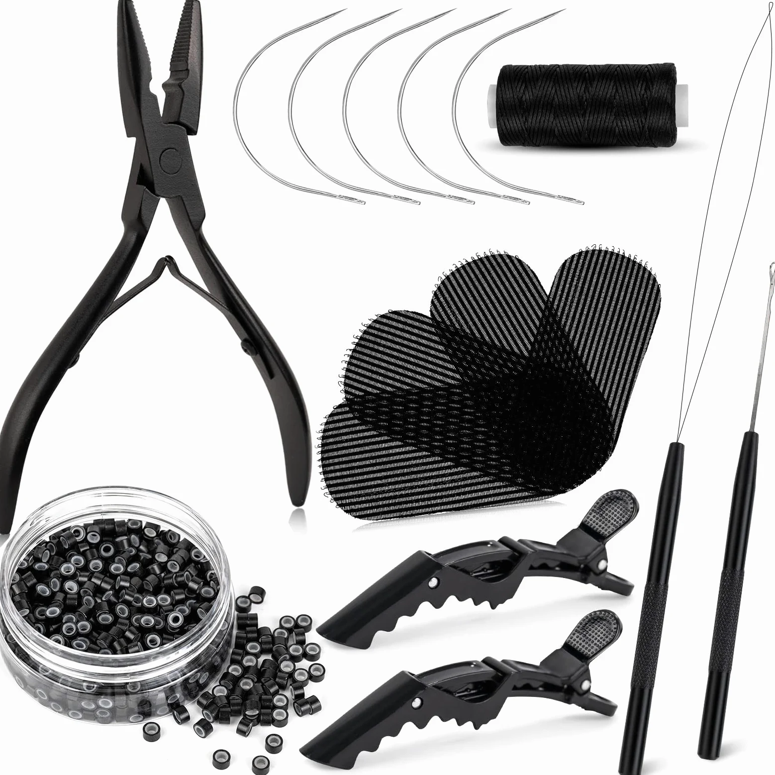 NEWISHTOOL Kit de herramientas de extensión de pelo, microcuentas de silicona, alicates de cuentas de acero inoxidable, enhebrador de cuentas de metal y gancho de aguja para extensiones de cabello