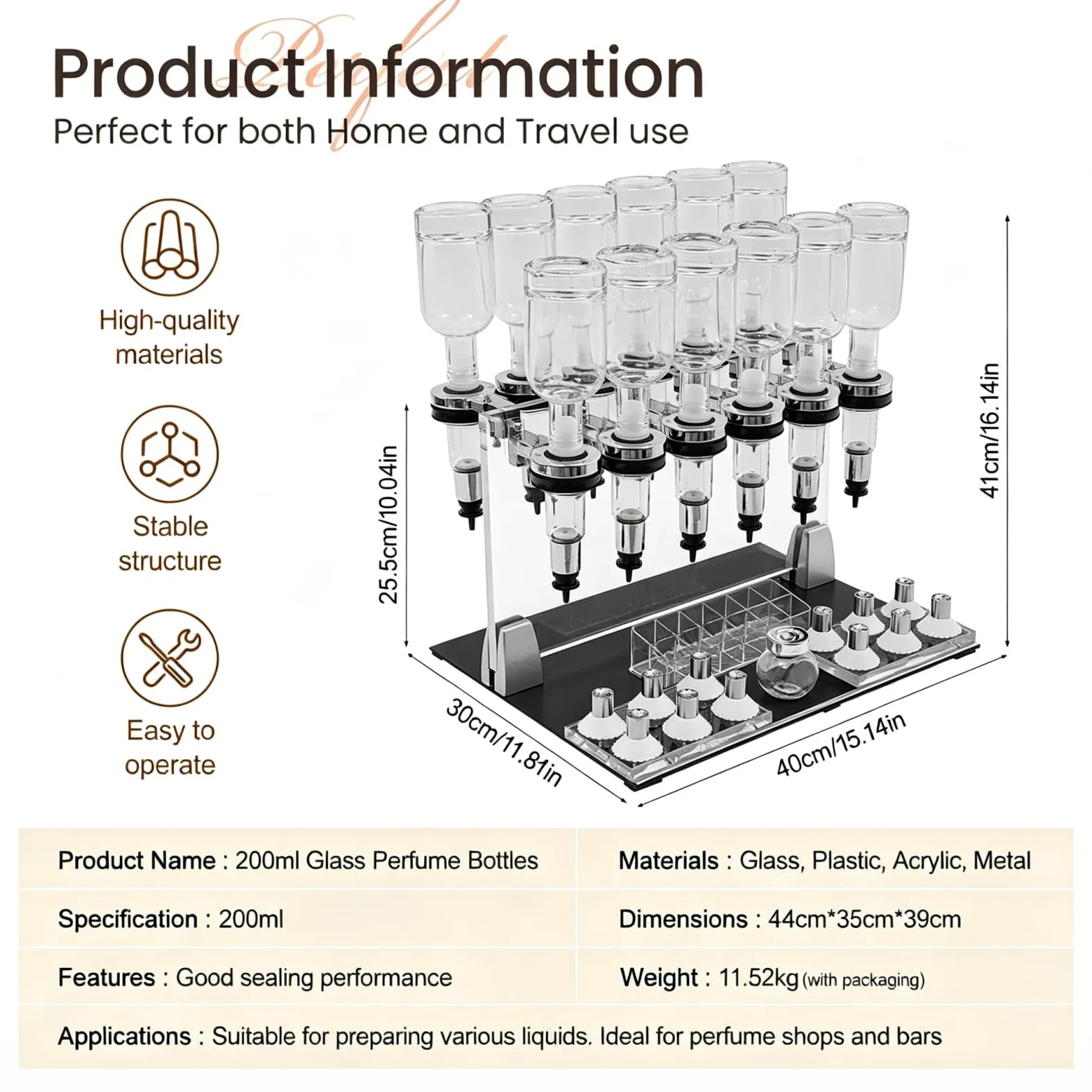 Estación de Recarga de Perfume Manual | Incluye 12 Botellas, 12 Cabezales de Bomba, 12 vasitos de Prueba, Recipiente para café, Base y Placa Trasera | para Tiendas