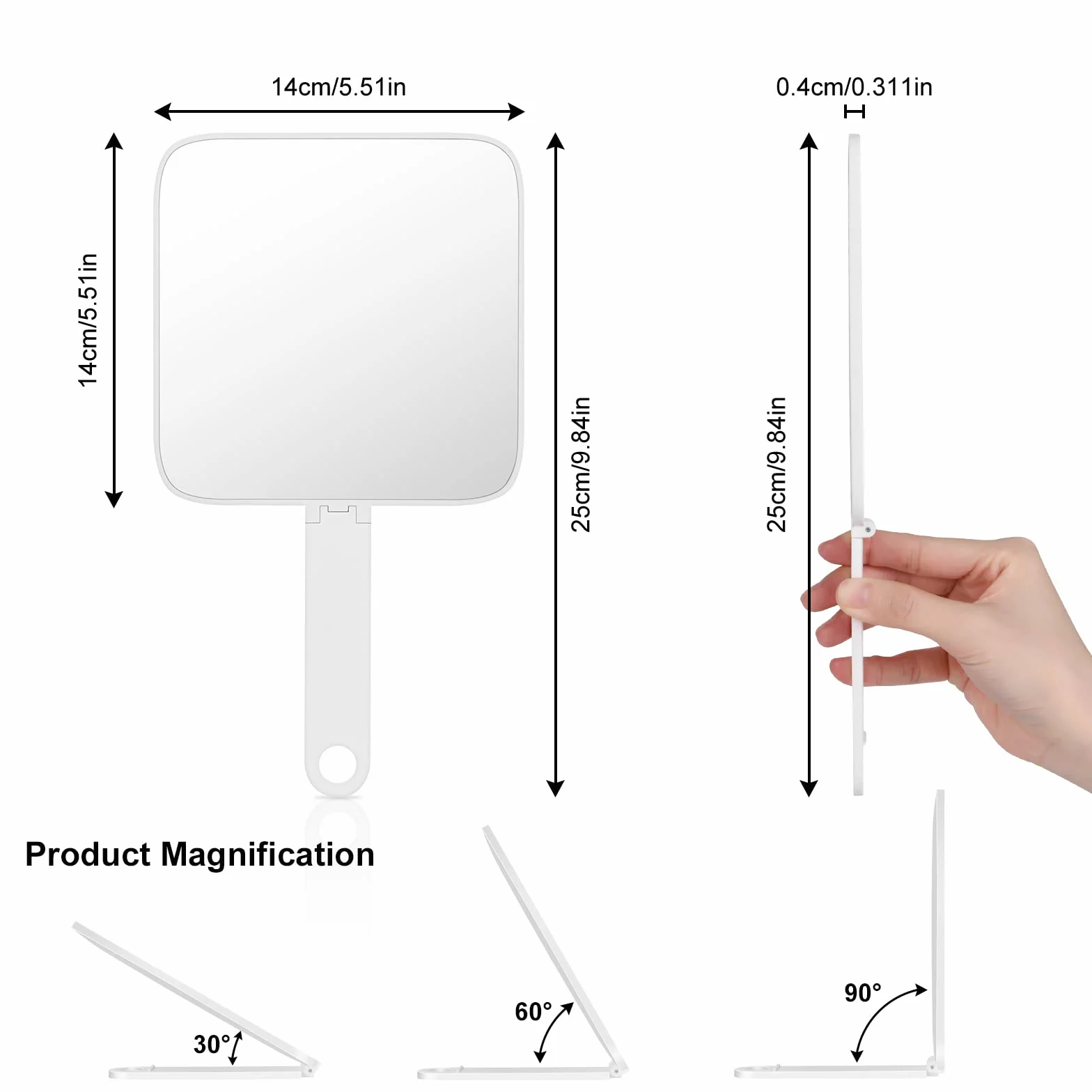 OSDUE Espejo de Mano 180° Plegable, Pequeño y Portátil Mango Ergonómico para Maquillaje