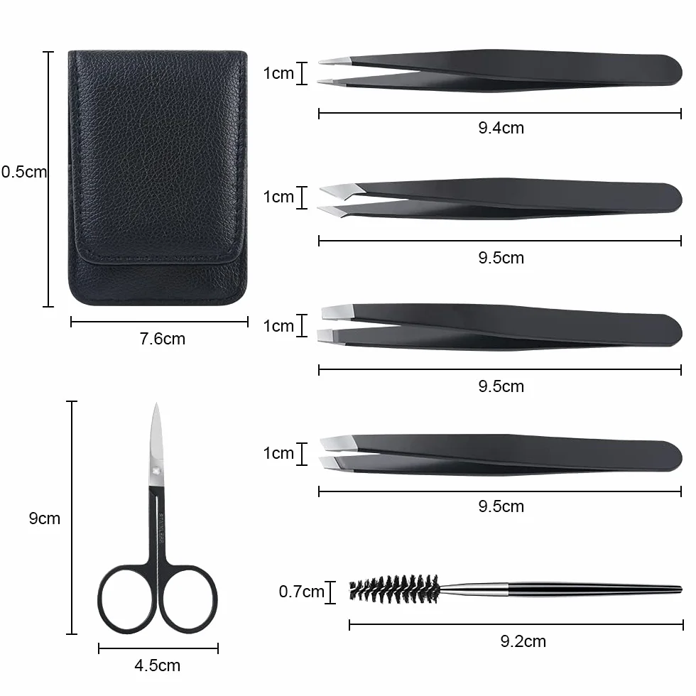 Juego de 6 pinzas profesionales de acero inoxidable para cejas con estuche