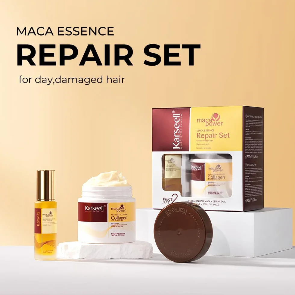 Karseell Reparación Sets de Pelo, Colágeno Mascarilla Pelo Y Aceite de Pelo, Set de Cuidado Capilar para Seco y Dañado el Cabello Todo Tipo de Cabellos, 500ml + 50ml