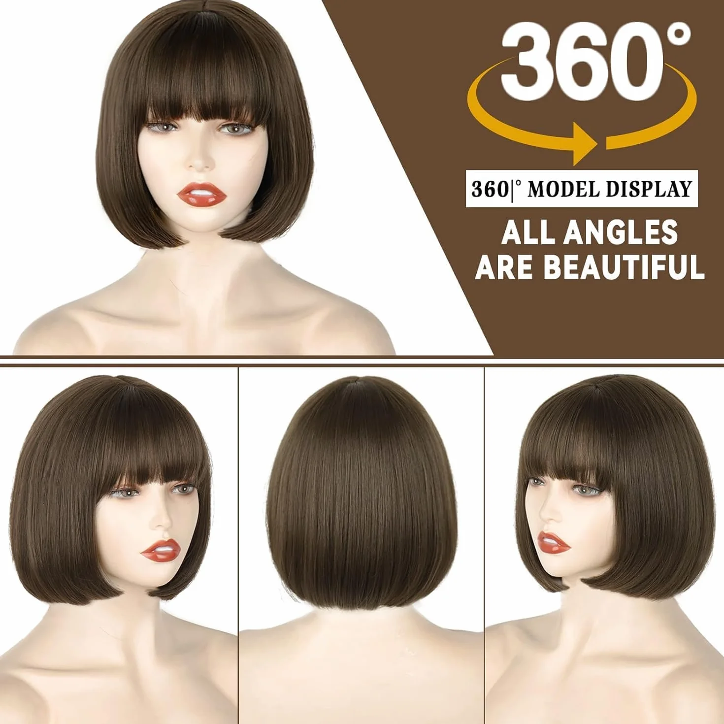 Creamily Peluca Bob Pastel con Flequillo 25 cm Marrón Sintética para Mujer Cosplay