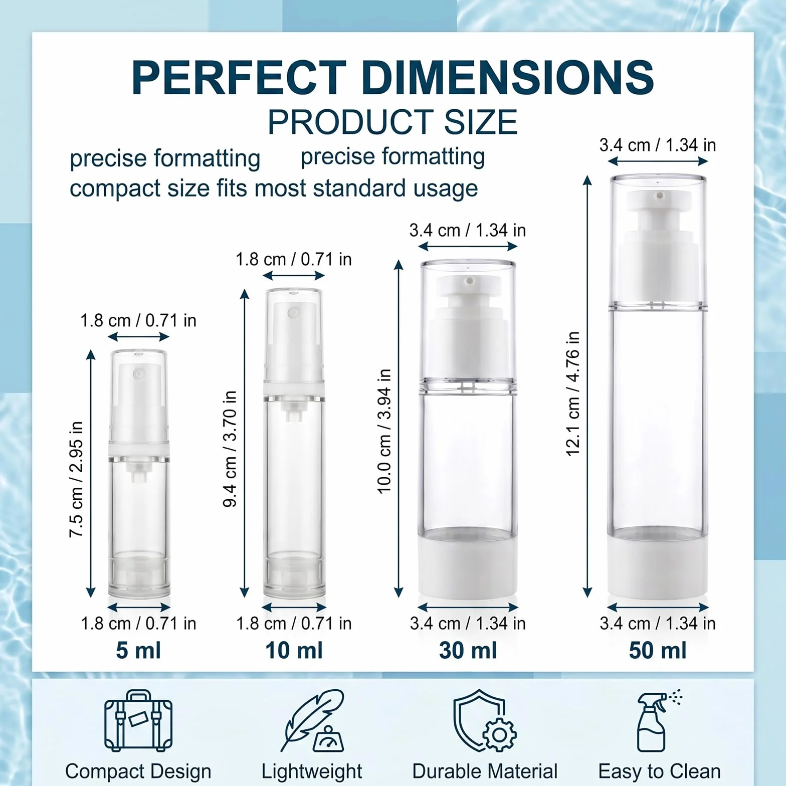 Set de 4 Botellas de Viaje Airless 5ml 10ml 30ml 50ml Dispensador Recargable Antifugas