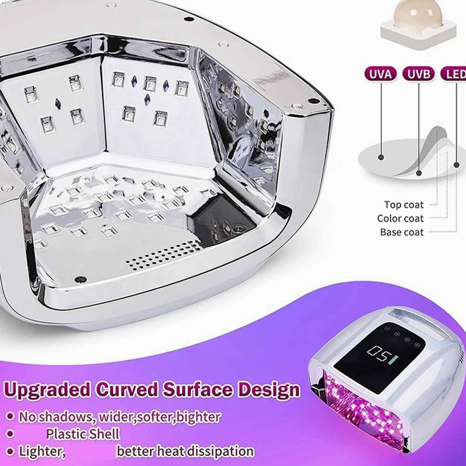 Lámpara LED para uñas, Lámpara de uñas con espejo 96 W y almohadilla metálica, secador manicura inalámbrico, luz UV for, lámpara LED recargable(Purple)