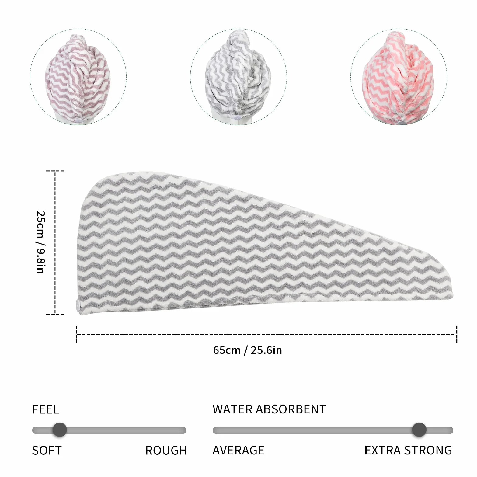 Toalla de Microfibra para Cabello Súper Absorbente 3 Piezas Turbante Rosa Morado Gris