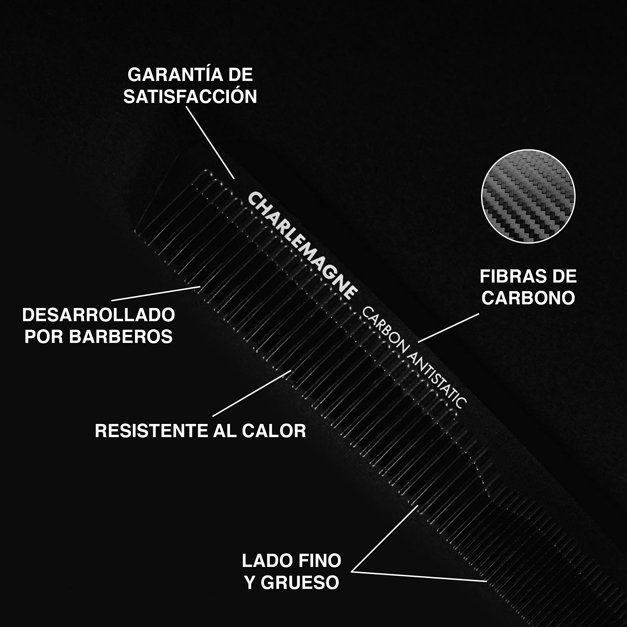 Charlemagne Peine para el Cabello de Carbono Premium Anti-irrompible Anti-estático Doble Cara Hombre Mujer