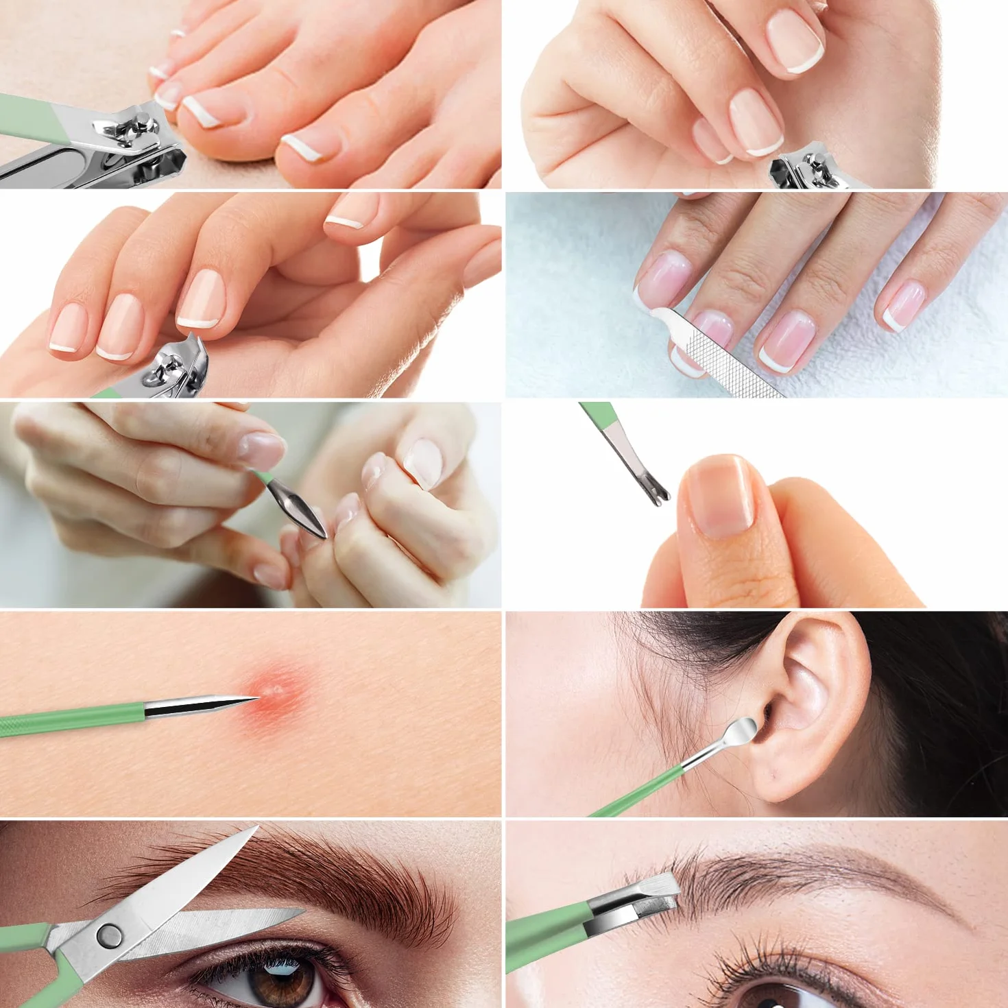 Set de Manicura Pedicura Profesional Cortaúñas Acero Inoxidable 10 Piezas Caja de Cuero Verde