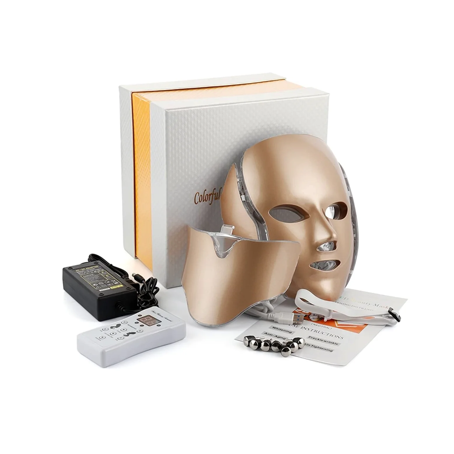 7 Colores Terapia de luz LED Mascarilla Cuello Rejuvenecimiento de la Piel Fototerapia Máscara de Belleza Anti Acné Apriete la Piel Aclare la máquina Salón de Belleza Cuidado de la Piel,Oro