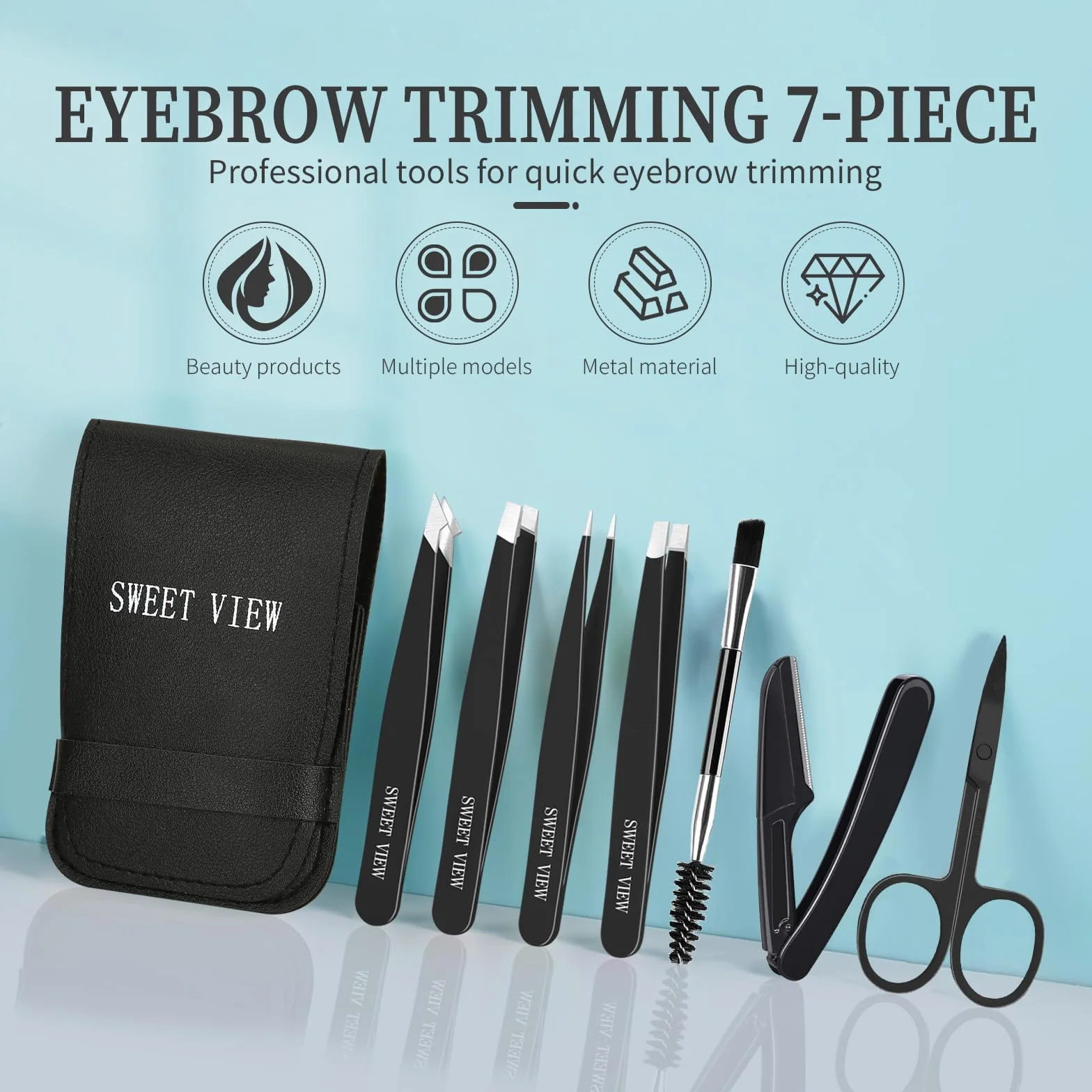 Pinzas depilar profesionales 7 piezas SWEET VIEW para cejas facial (Negro)
