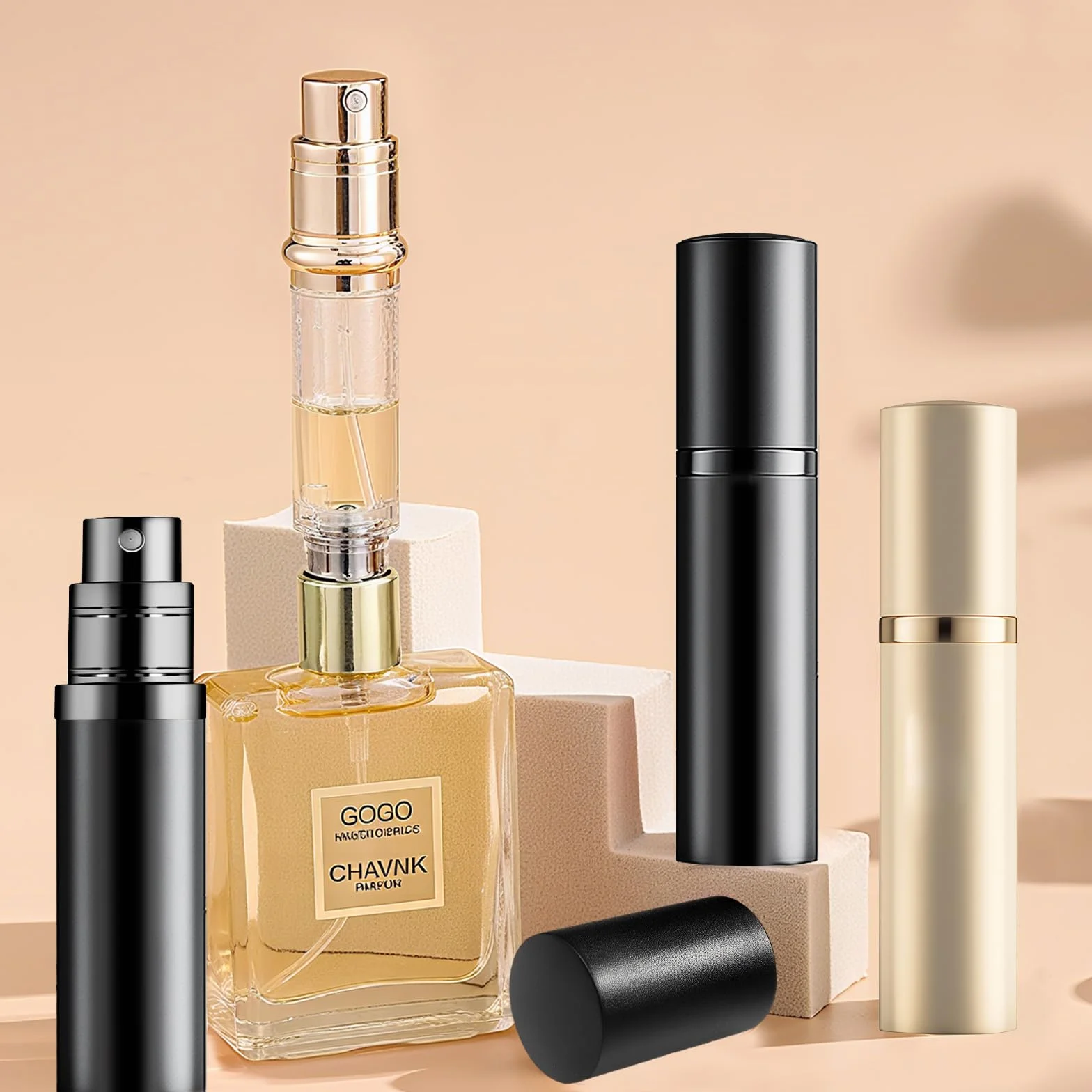 Atomizador Perfume Recargable 5ml sin Fugas, Mini Pulverizador Portátil para Viaje (Negro + Dorado)