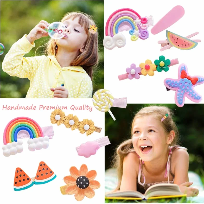 Pinzas para el Cabello Moda Niñas 28 Piezas Accesorios Flor Fruta Colorido Arco Iris Animal Clips de Metal (Rosa)