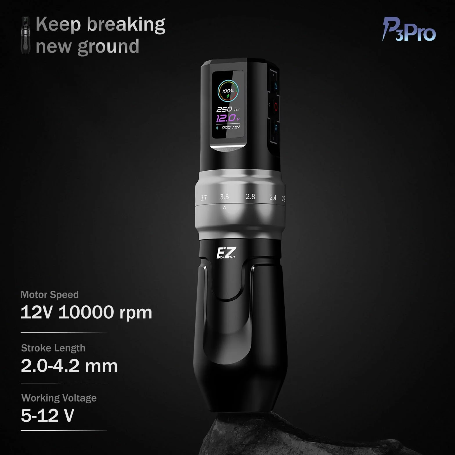 EZ Maquina Tatuar - 6 Strokes 2.0, 2.4, 2.8, 3.3, 3.7, 4.2mm Bluetooth Máquina de Tatuar Inalámbrica con Pantalla Digital OLED Batería de 1600 mAh Tattoo Gun (P3 Pro Negro Brillante)