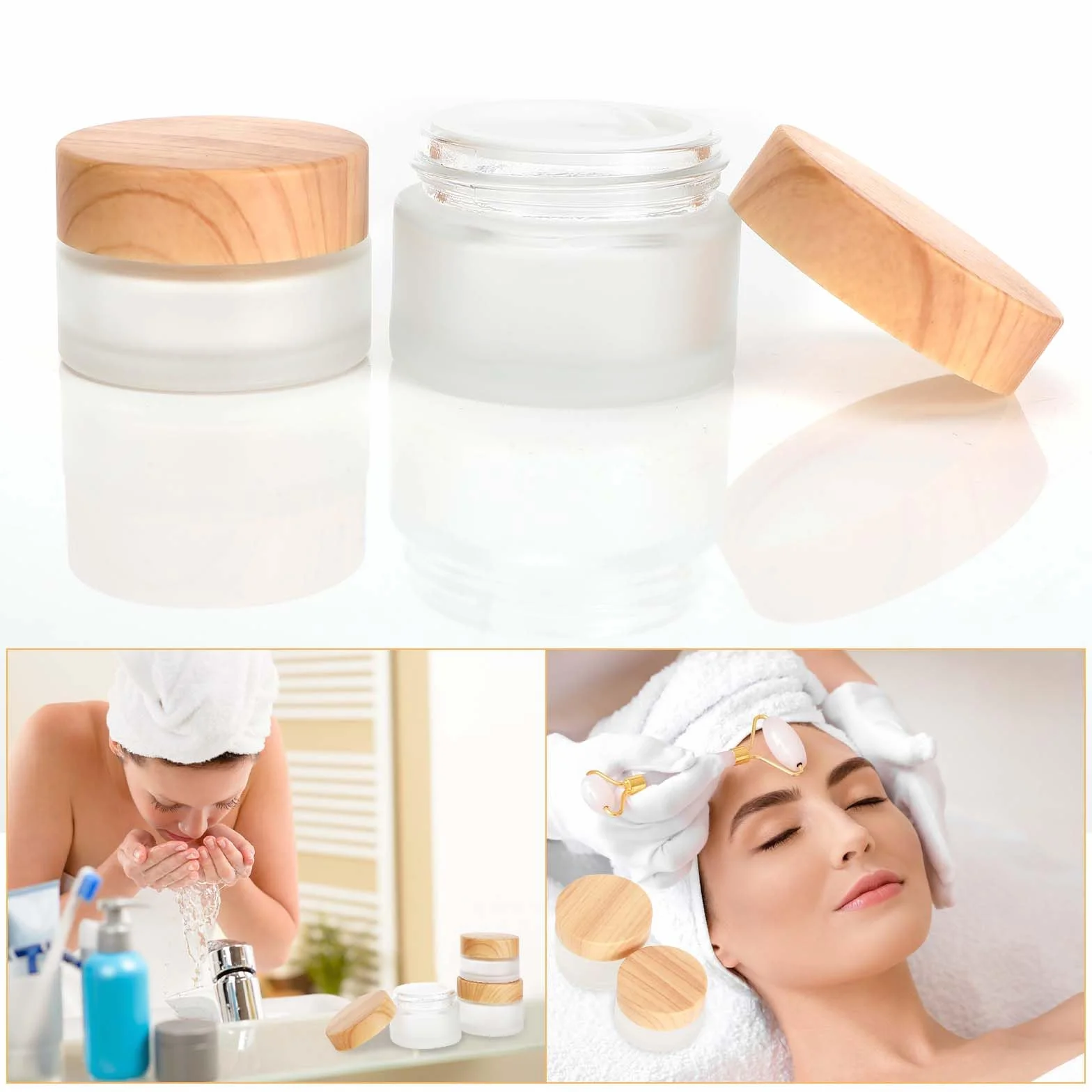 Frasco de vidrio esmerilado 12 piezas 20 ml 30 ml con tapa de veta de madera para cremas lociones maquillaje