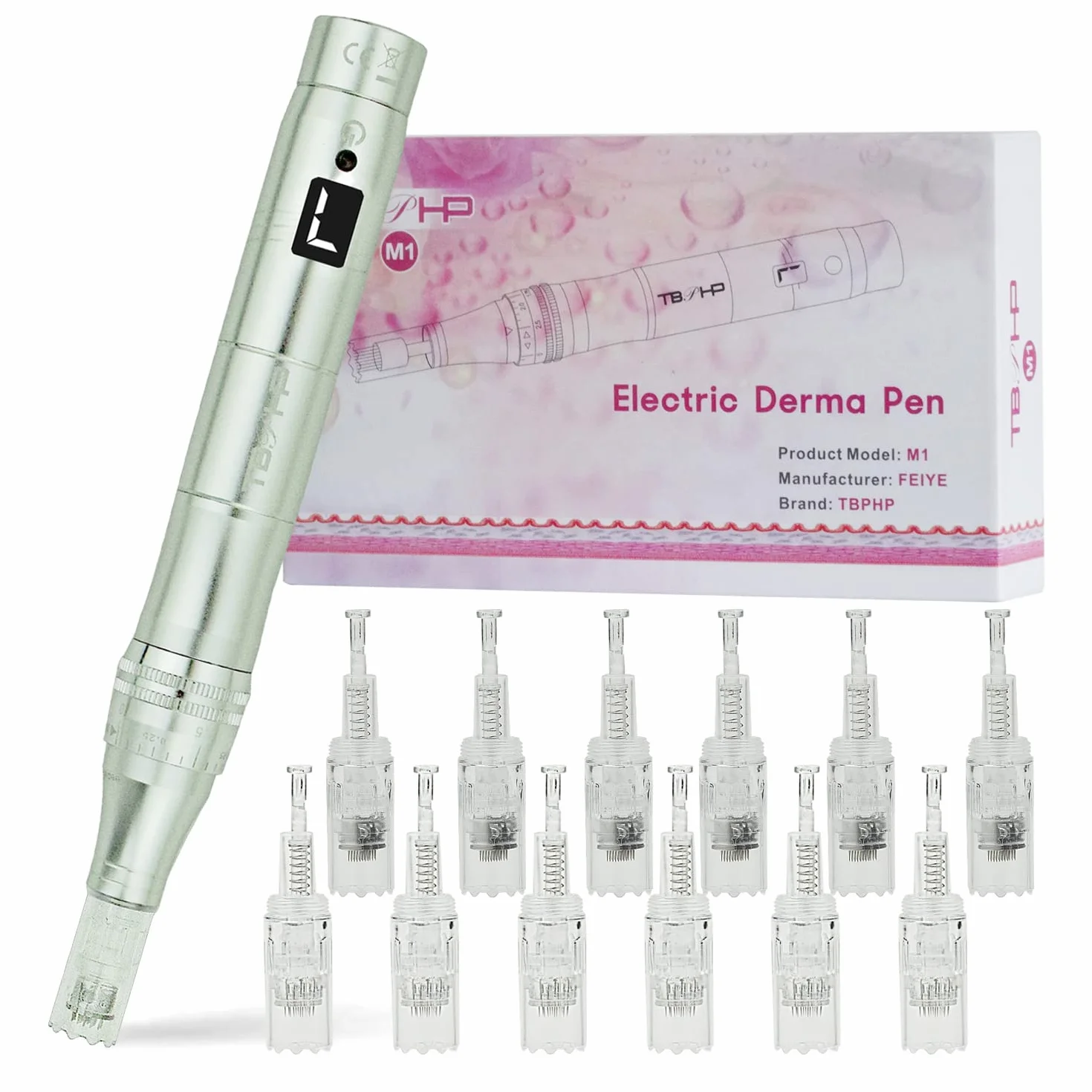Dermapen con pantalla LCD y 7 niveles de velocidad de longitud ajustable (incluye cartuchos de 12 cabezales), color plateado