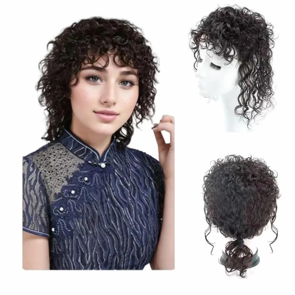 Parte de cabello humano ondulado natural para mujeres, con clip en pony con base de encaje, extensión de cabello, cobertura de la caída del cabello, 30 cm añade volumen al cabello (negro natural)