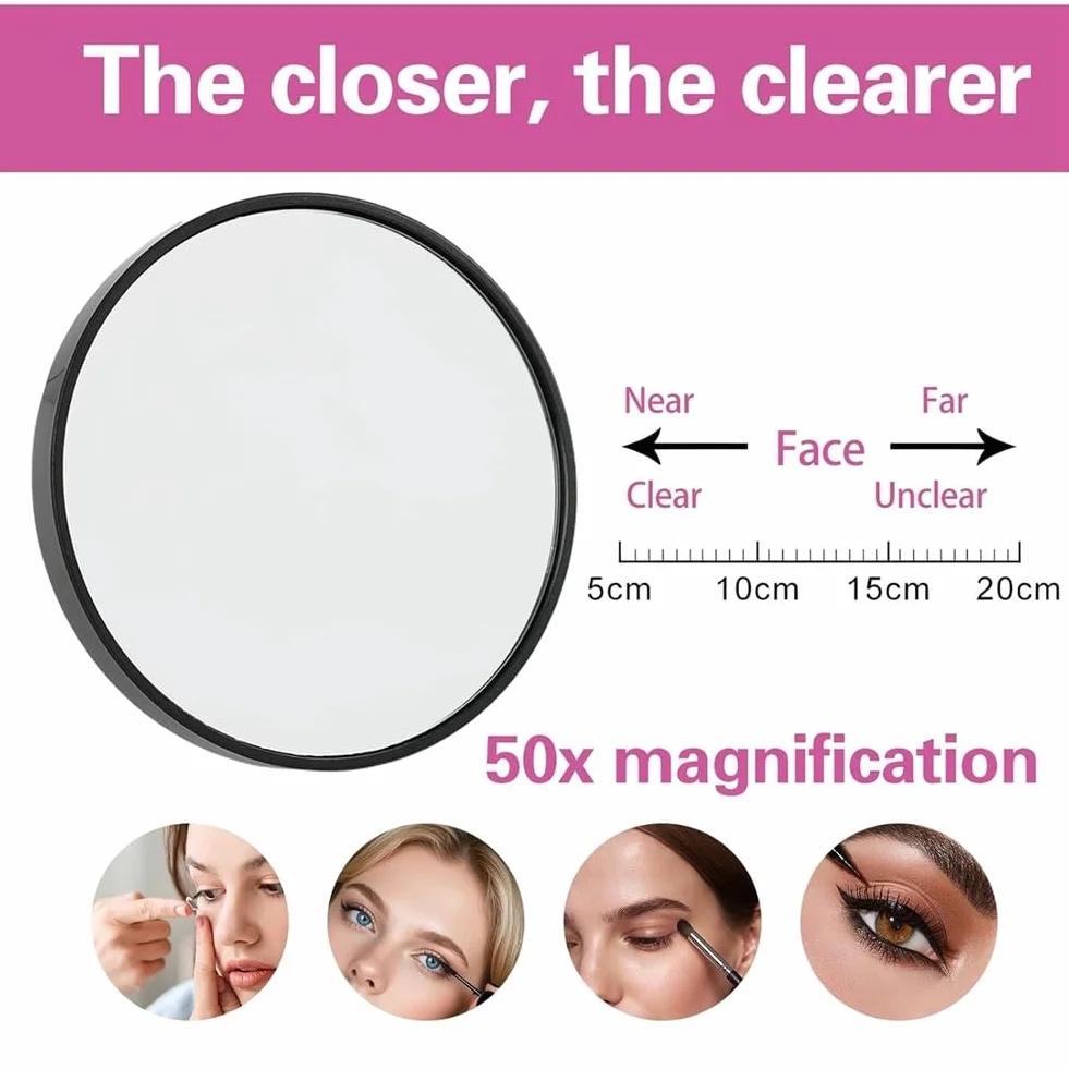 Espejo de Maquillaje 50X Aumento con Ventosa, Viaje, Pinzas