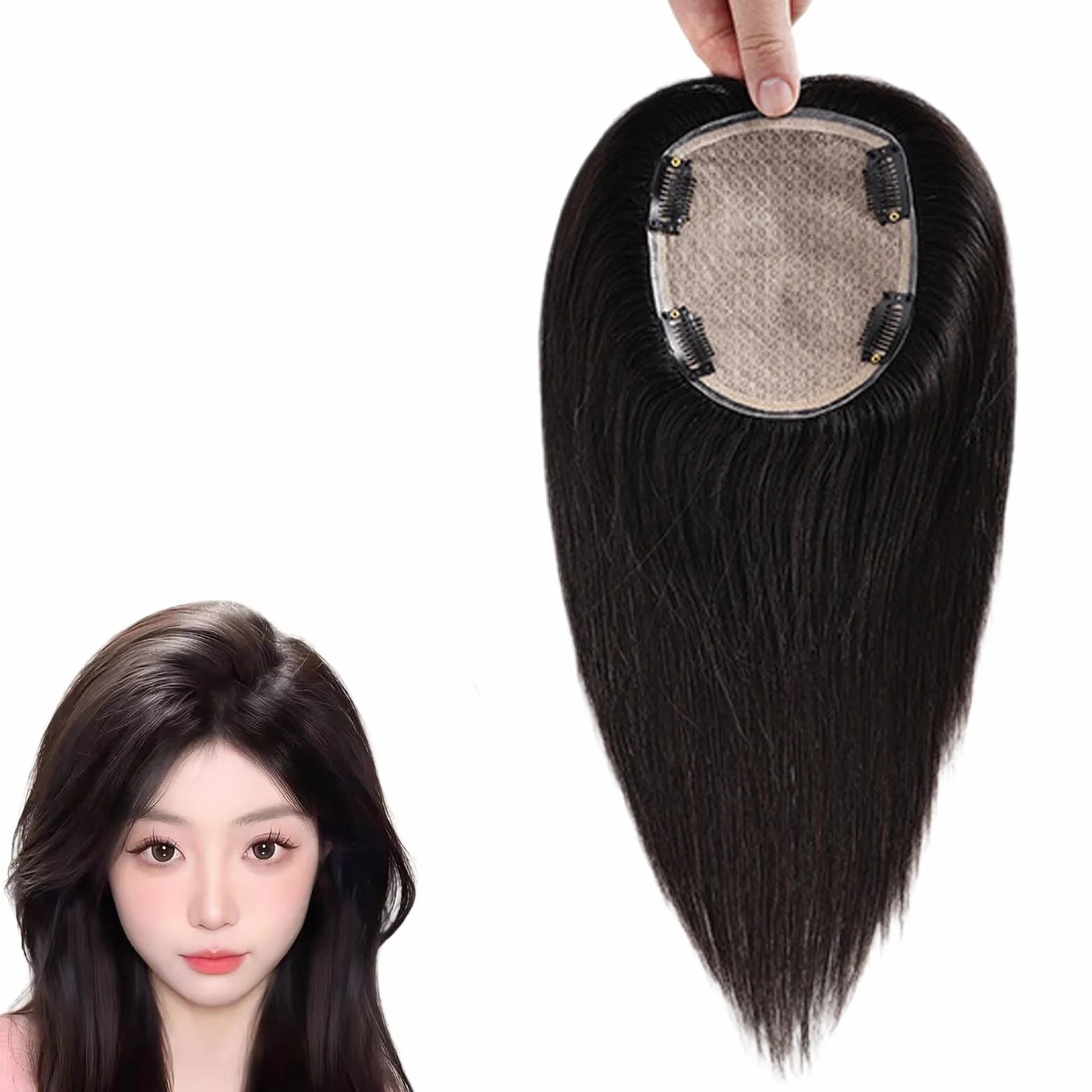 Adornos for El Cabello Negro for Mujeres Humano Postizos Extensiones De Pelo Con Cobertura De 360° De 10/12 Pulgadas Peluca Con Clip De Base De Seda De 12 X 14 Cm for Canas(30cm)