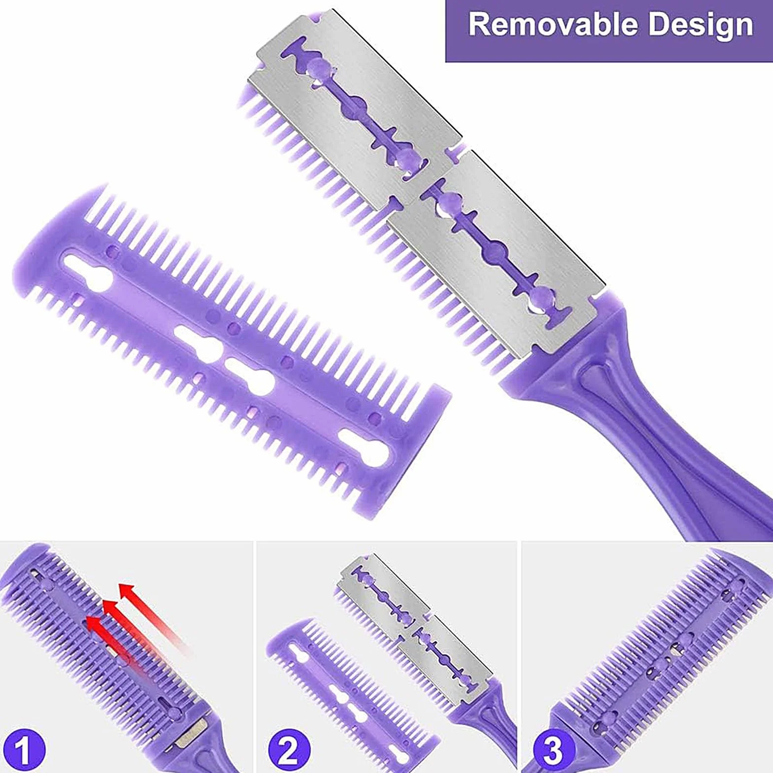Kit de Peine para Adelgazar el Cabello de 3 Piezas, Cortador de Pelo de Doble Cara con 10 Cuchillas de Acero Inoxidable