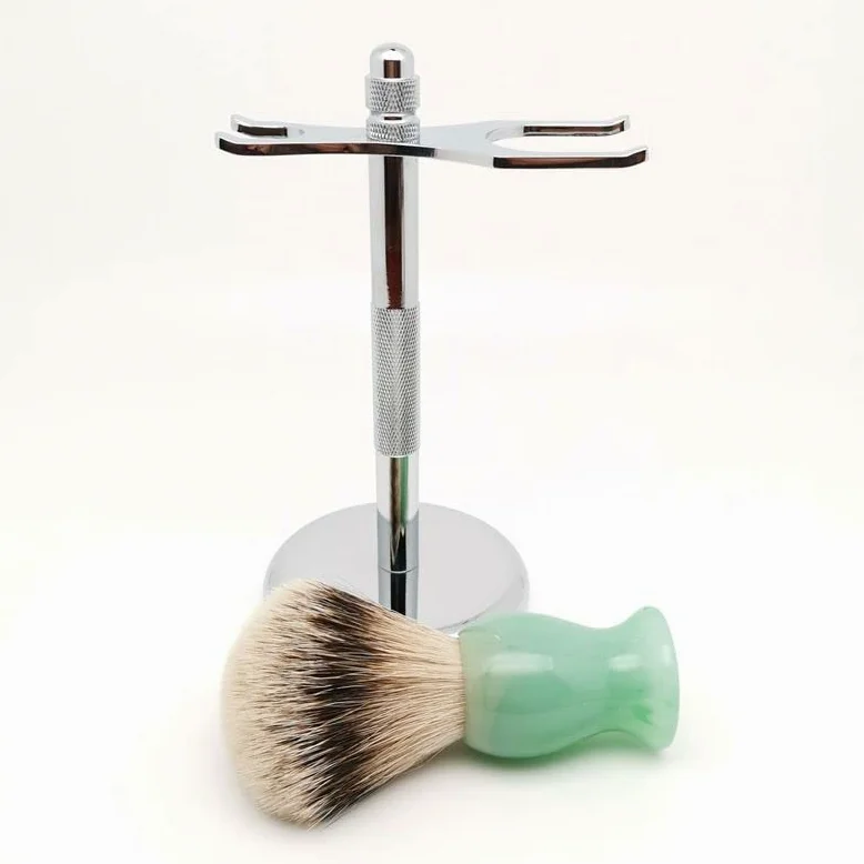 Soporte de maquinilla de afeitar práctico de acero inoxidable para hombre, soporte para cepillo de afeitar de pelo de tejón plateado masculino, juego de afeitado perfecto de moda