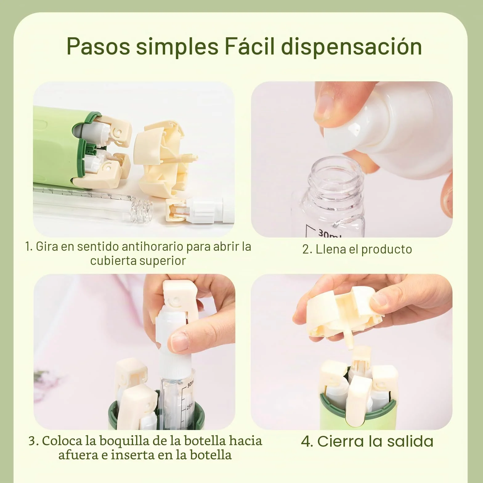 Zouwel Set de frascos dispensadores de viaje 4 en 1 recargables a prueba de fugas para champú lociones acondicionador