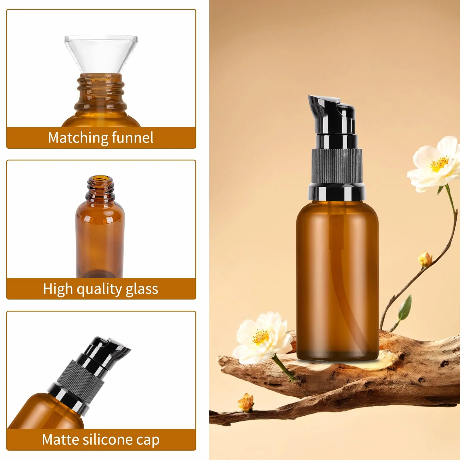 Botellas de Vidrio Ambar 30ml con Bomba, Dispensadores de Vidrio Marrón, Vacías Rellenables para Aceite Esencial, Viaje Crema Loción, 8 Pcs con Embudos