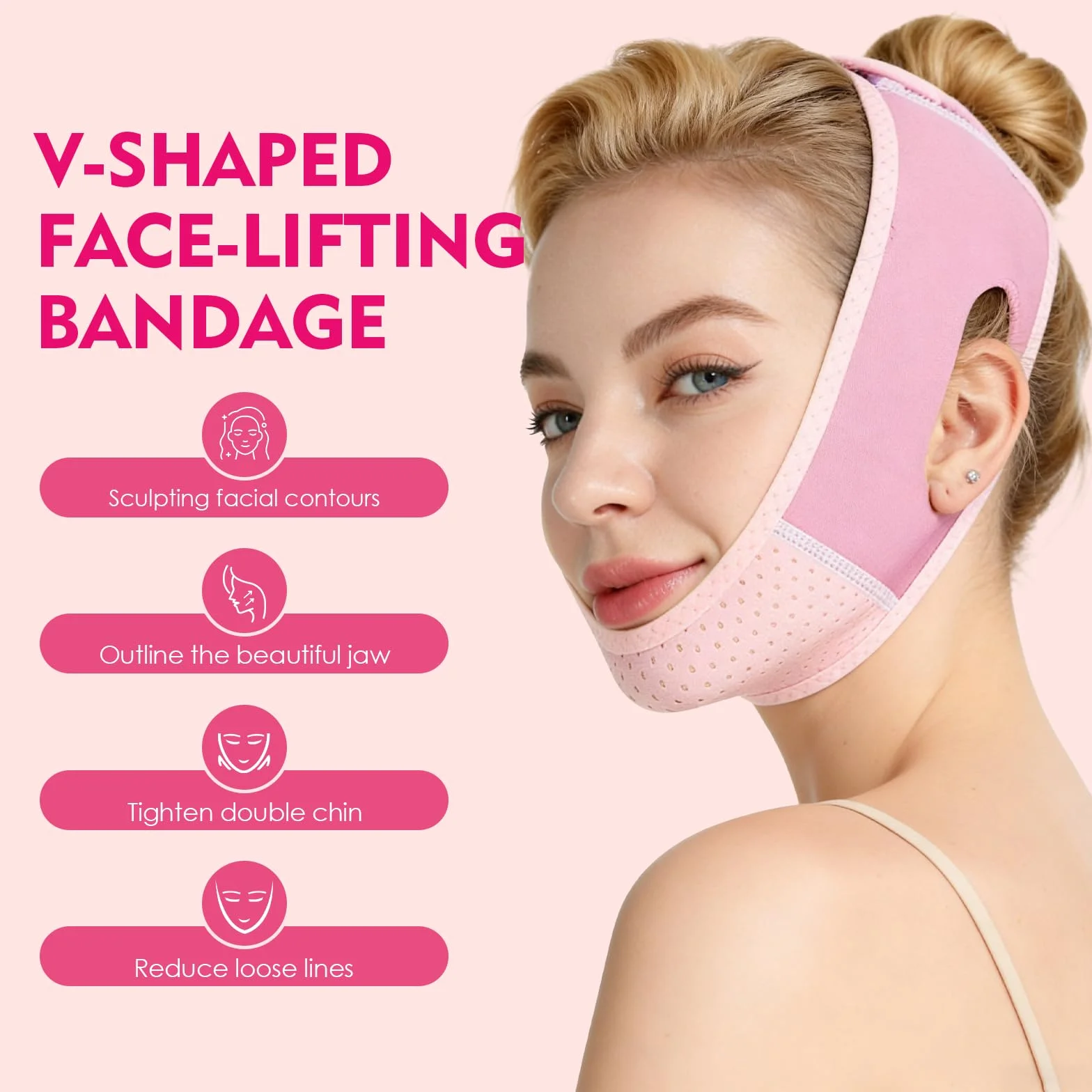 V Line Lifting Mask Faja Facial Reductor Doble Barbilla Reutilizable Correa Adelgazante Banda Ajuste Cara V Liftings Reafirmante Rosa