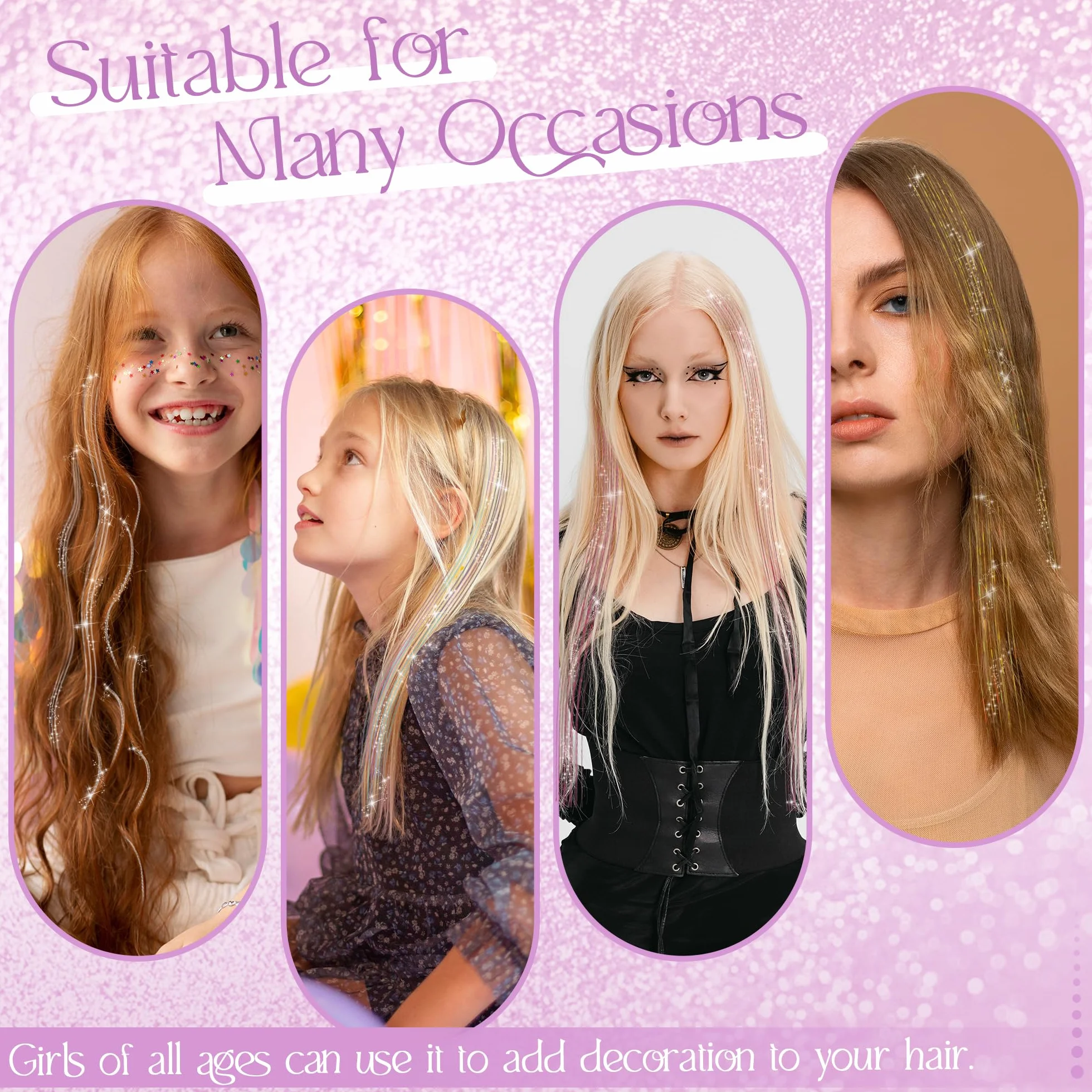 Extensiones de Cabello de Oropel de Hadas 12 Piezas, Accesorios Brillantes de Moda para Mujeres y Niñas - Plata