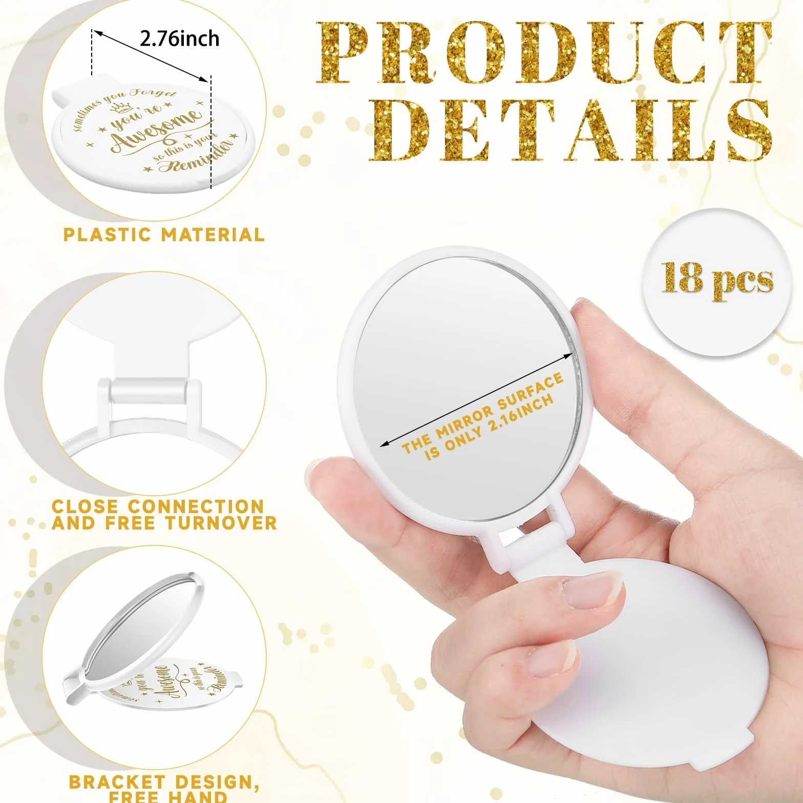 Espejo Compacto Redondo de Cristal para Maquillaje 2.76 Pulgadas, Mini Espejo de Bolsillo Regalo para Mujeres