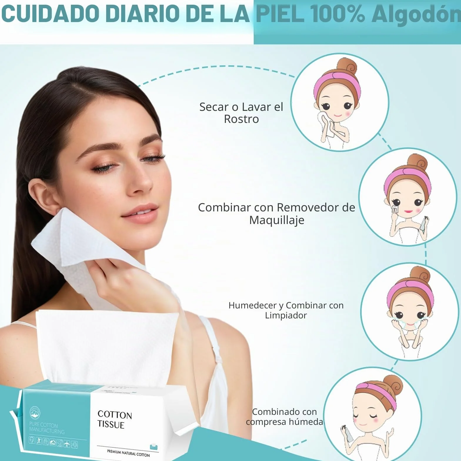 Toallas Desechables Algodon 100 Unidades Biodegradables para Cuidado Piel y Maquillaje