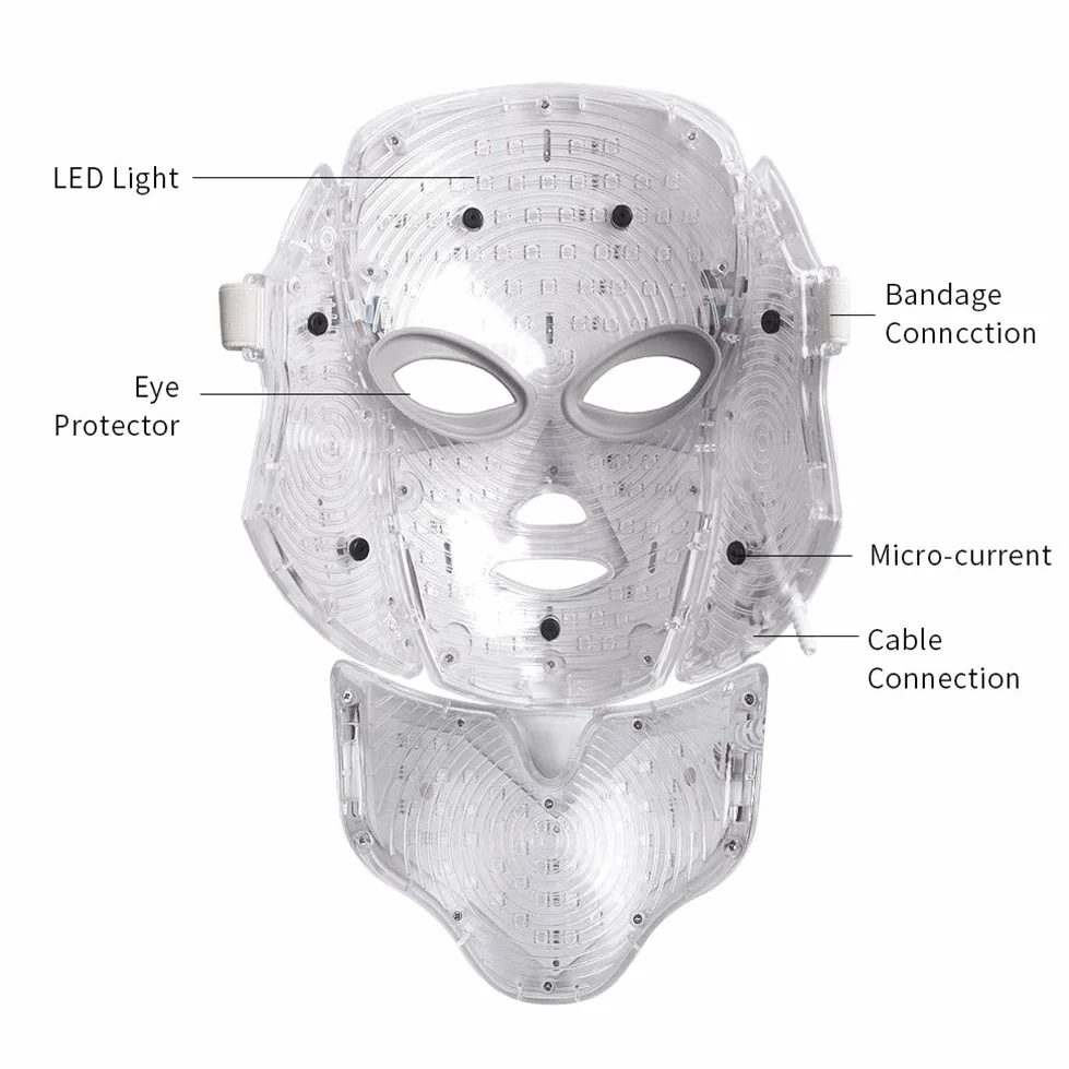 7 Color LED Máscara Light Therapy LED Máscara Photon Con Cuello Máscara Facial De Cuello LED EMS Micro Corriente Antiarrugas Anti Acné Rejuvenecimiento De La Piel Máquina De Belleza