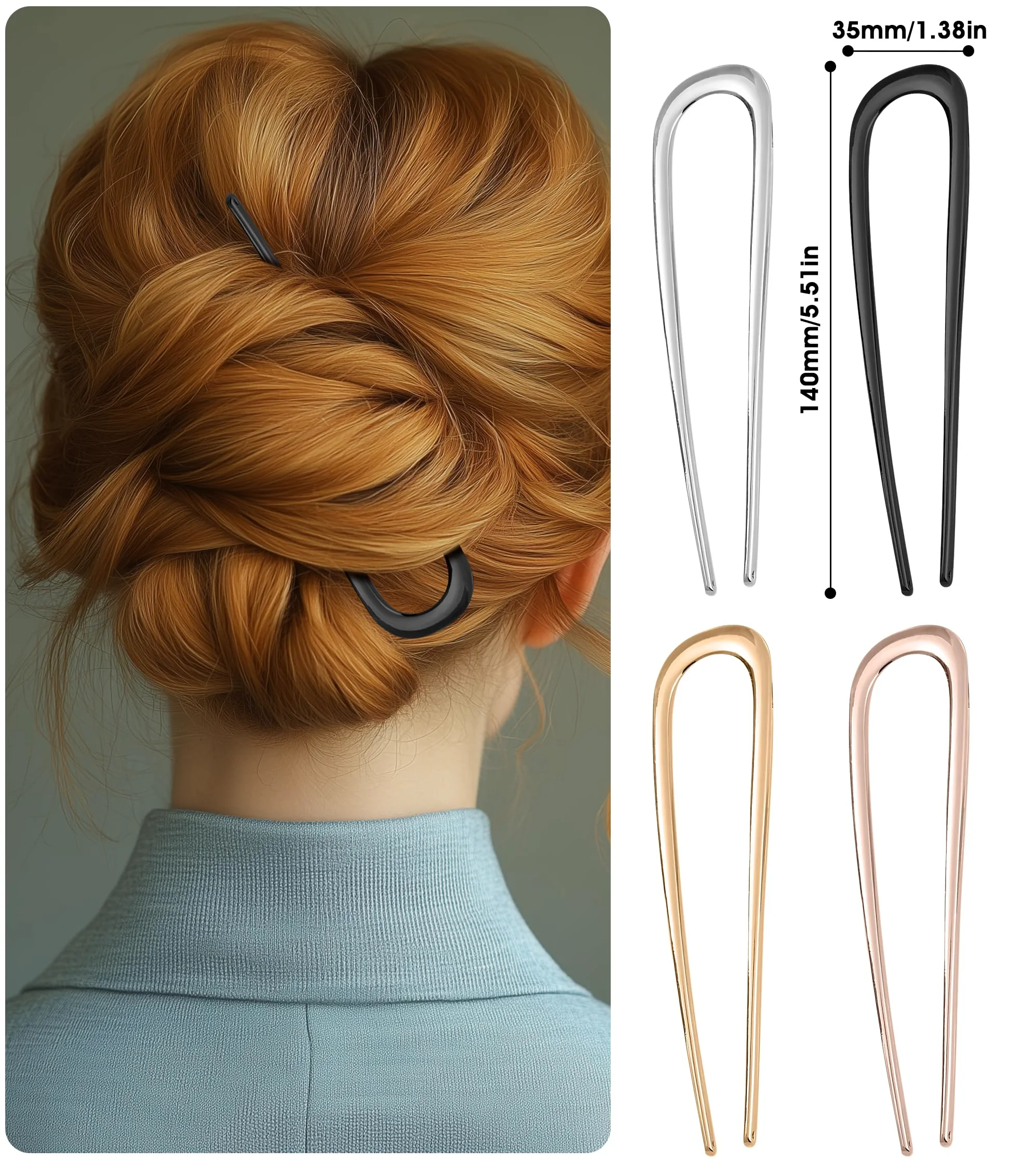 4 horquillas francesas de 14 cm, de metal, horquilla francesa, horquilla francesa, horquilla en forma de U, horquilla grande para el pelo, pinzas francesas, para mujeres y niñas, dorado, plateado,
