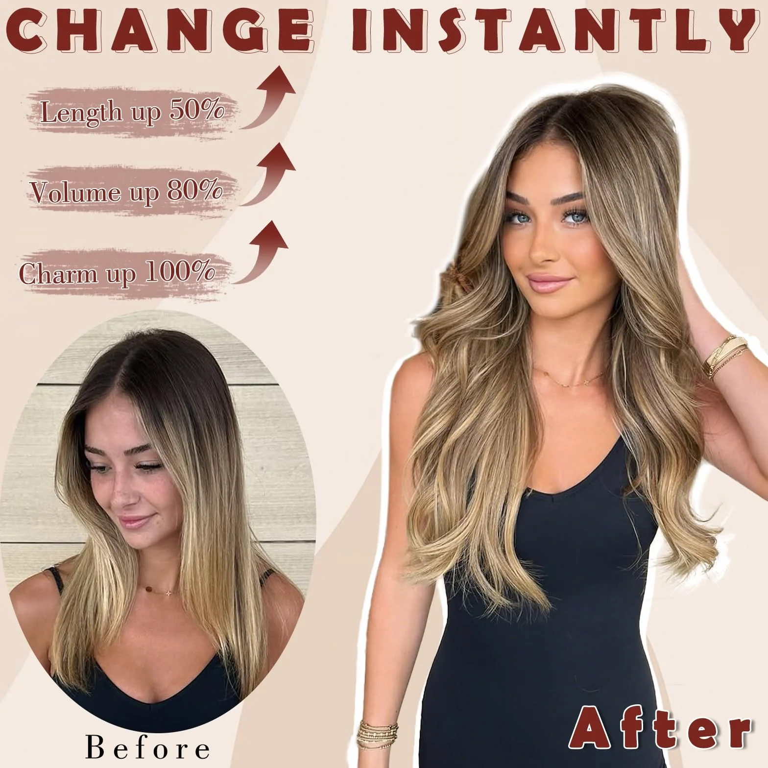 FESHFEN Extensiones de Cabello 60 cm Ondulado Rizado Natural Sintética Clip Marrón Claro Oro Mixto 4 Piezas