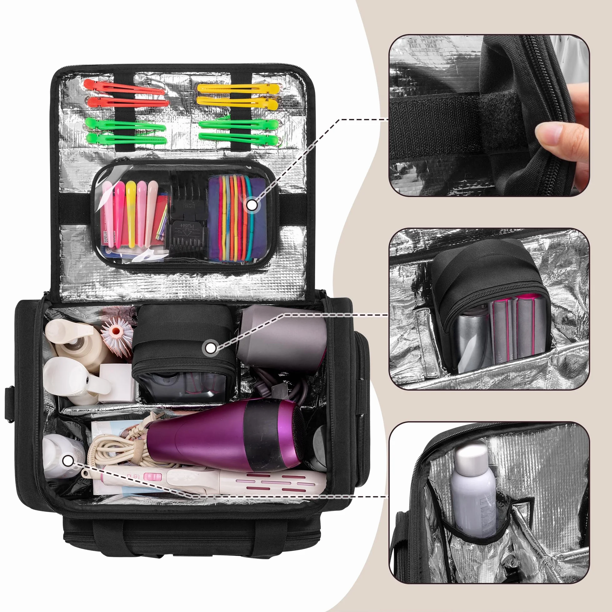 BAFASO Bolsa de Viaje Aislada para Peluquería con Divisor Semi Desmontable y Dos Bolsillos Extraíbles, Bolsa de Peluquería para Varias Herramientas de Corte de Cabello, (Solo Bolsa), Negro