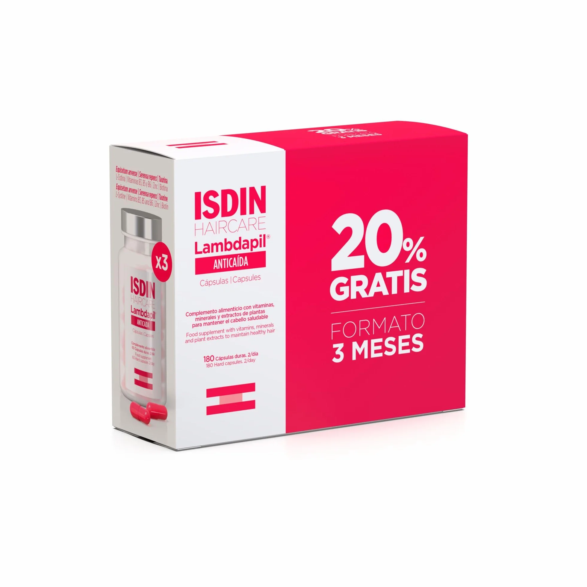 ISDIN Lambdapil 180 Cápsulas Anticaída del Cabello,Duración 3 meses,Complemento Alimenticio para la caída Ocasional del cabello,con vitaminas,minerales y extractos de plantas para un pelo saludable