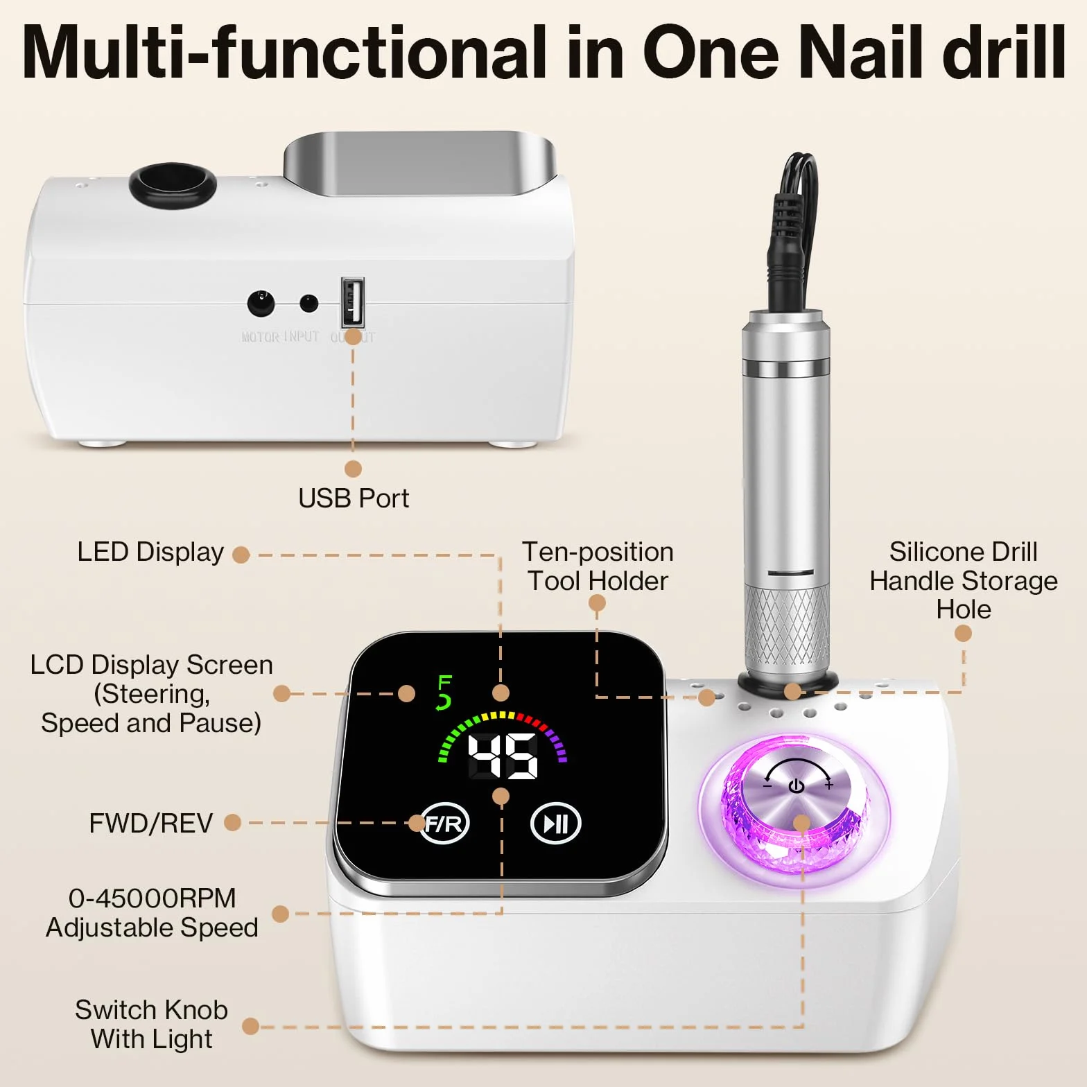 Torno para Uñas,Torno para Uñas Profesional 45000 RPM,con 12 Cabezales de Pulido, Pantalla táctil LCD,Perilla de cristal,Lima portátil para uñas acrílicas y de gel (Blanco)