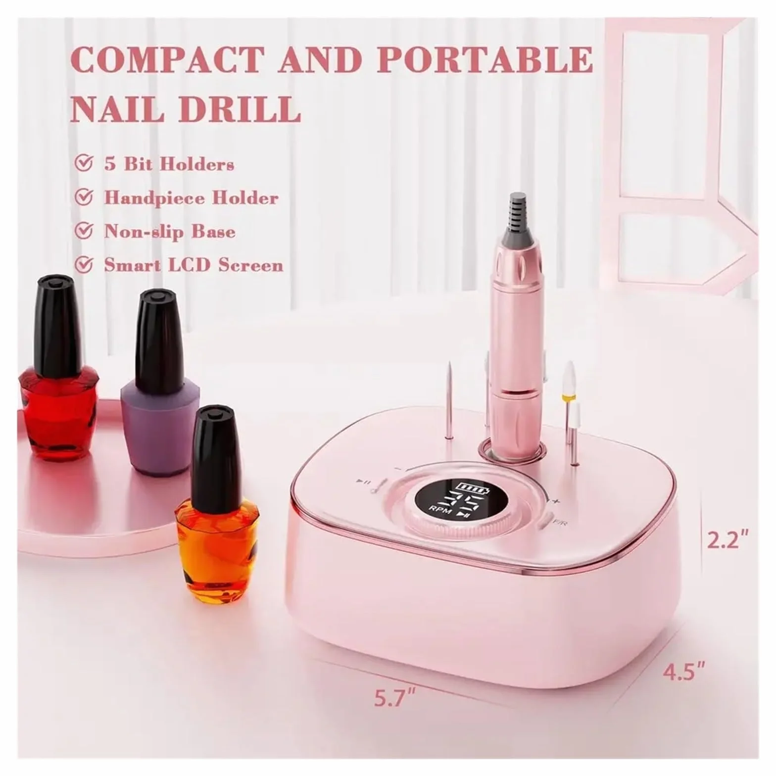 Torno para Uñas Lima de uñas eléctrica for uñas acrílicas, máquina de manicura eléctrica, Fresa portátil(Bianco)