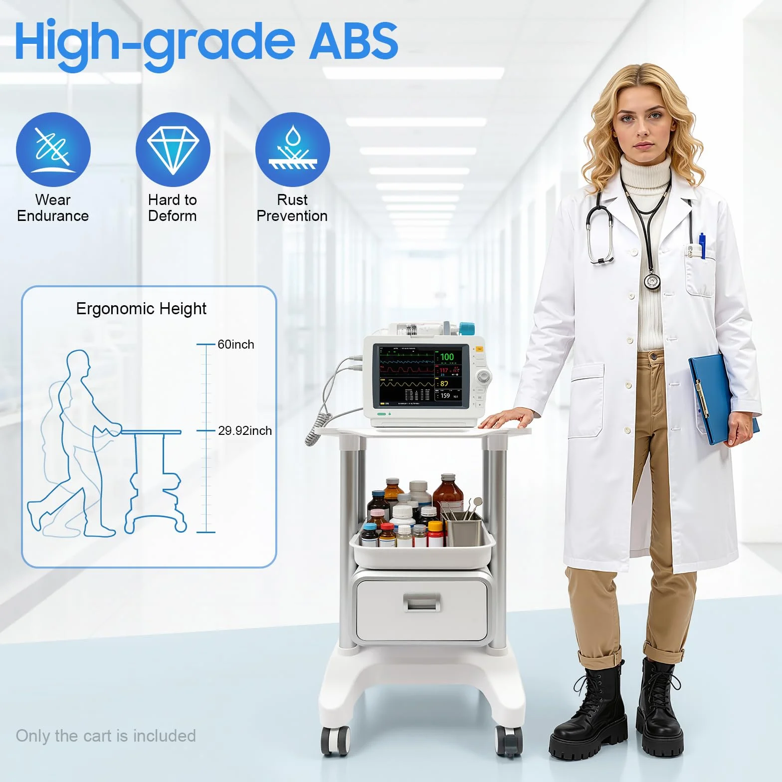 Carro de laboratorio ABS 100 kg capacidad, 1 cajón, estante superior, multifuncional