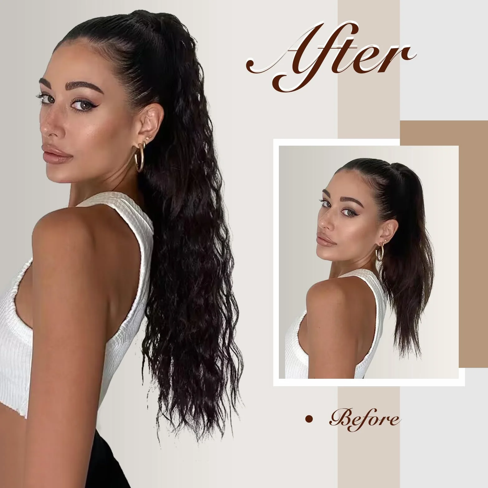 FESHFEN Coleta Pelo Natural 65 cm Negro Ondulado Rizado Sintética Extensiones para Mujeres