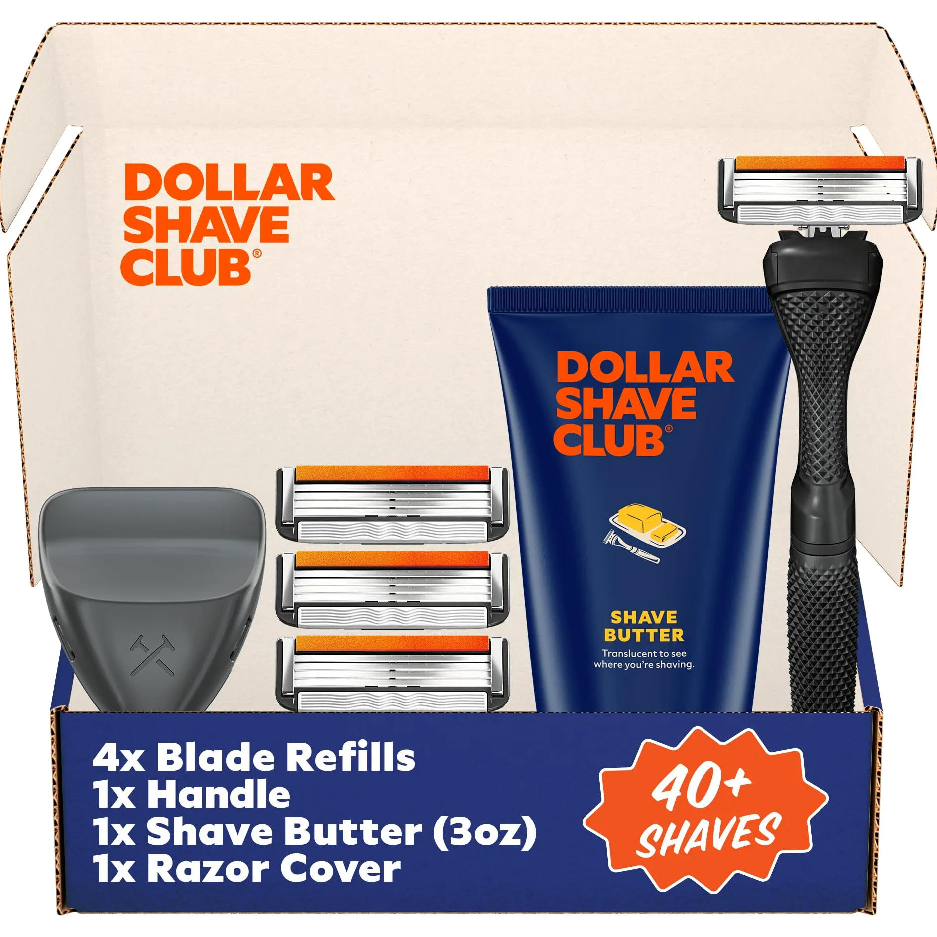 Dollar Shave Club The Member Exclusive Shave Set | 4 cartuchos de recambio de enjuague Swift, 1 mango (negro), 1 mantequilla de afeitar de 3 onzas, 1 funda para maquinilla de afeitar