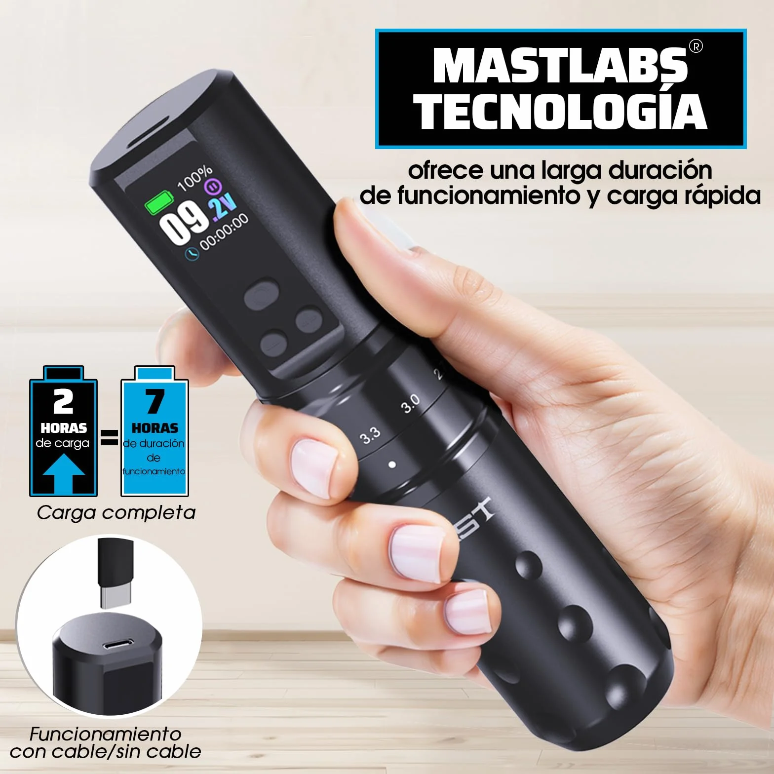 Mast Fold2 Pro Máquina de tatuaje inalámbrica pluma Máquina de tatuaje rotativa Pistola de tatuaje 7 golpes Longitud 2pcs Batería 2000mAh Motor poderoso por Mcore Pantalla de pantalla inteligente Rosa