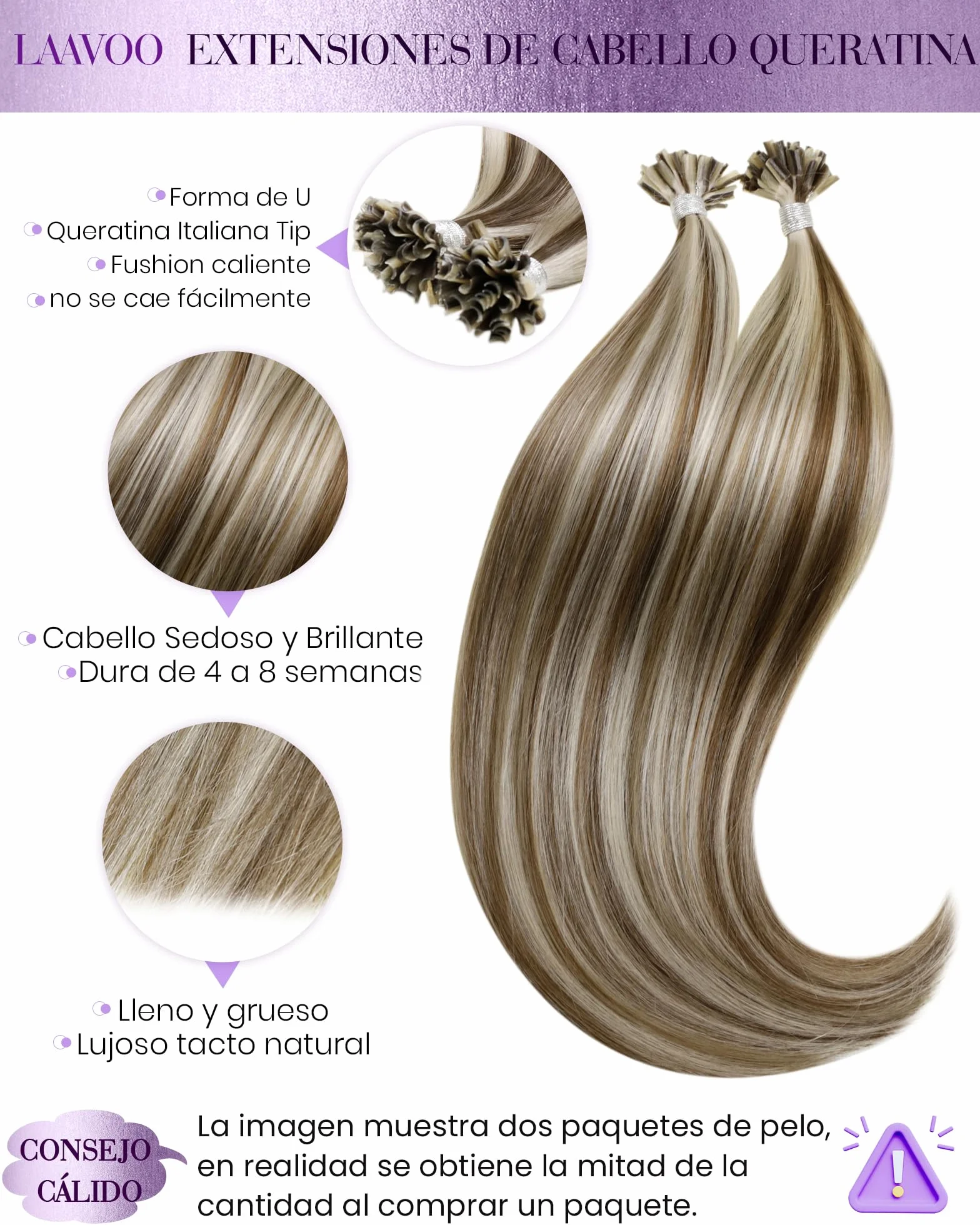 LaaVoo Extensiones Queratina Pelo Natural Marrón Claro Rubia Platino 50g 22 Pulgadas 55cm #P8/60