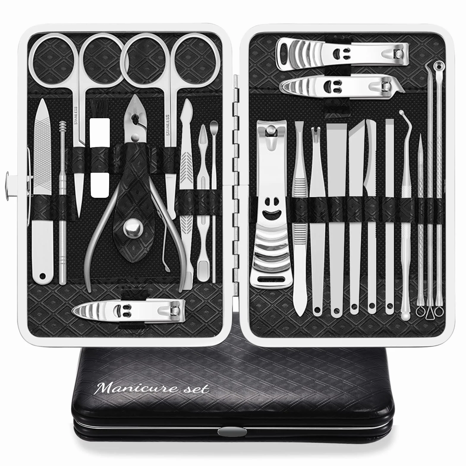 Set de Manicura y Pedicura 23 PCS Acero Inoxidable Profesional Cortaúñas con Estuche de Viaje Cuero Negro/Plata