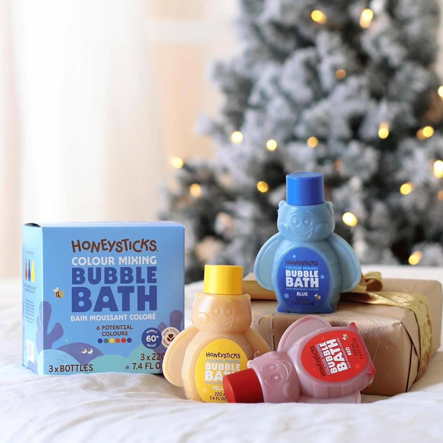 Honeysticks Burbujas de Bañera para Niños – Espuma de Baño a Base de Plantas – Bubble Bath que Cambia el Color del Agua y Crea Mucha Espuma – No Tóxica, No Irritante - 3 Uds - Azul, Amarillo, Rojo