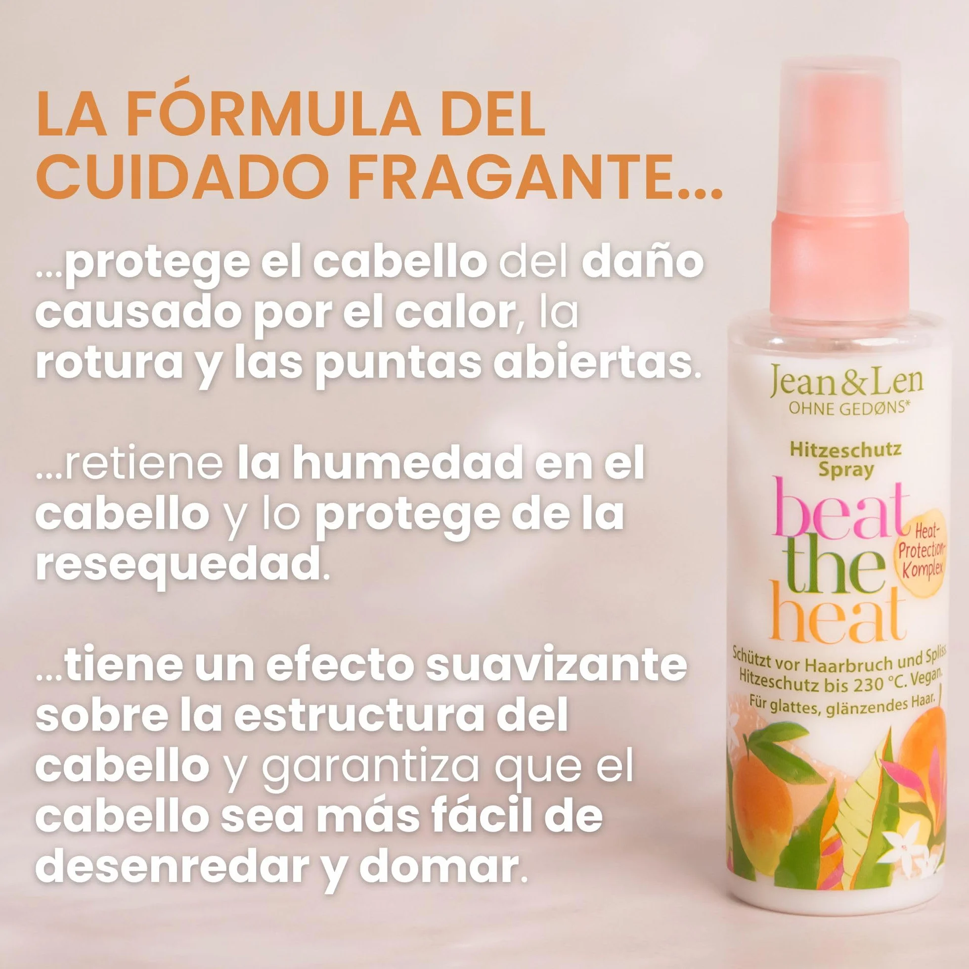 Jean & Len Beat The Heat Spray protector del calor 230°C 100 ml sin parabenos vegano