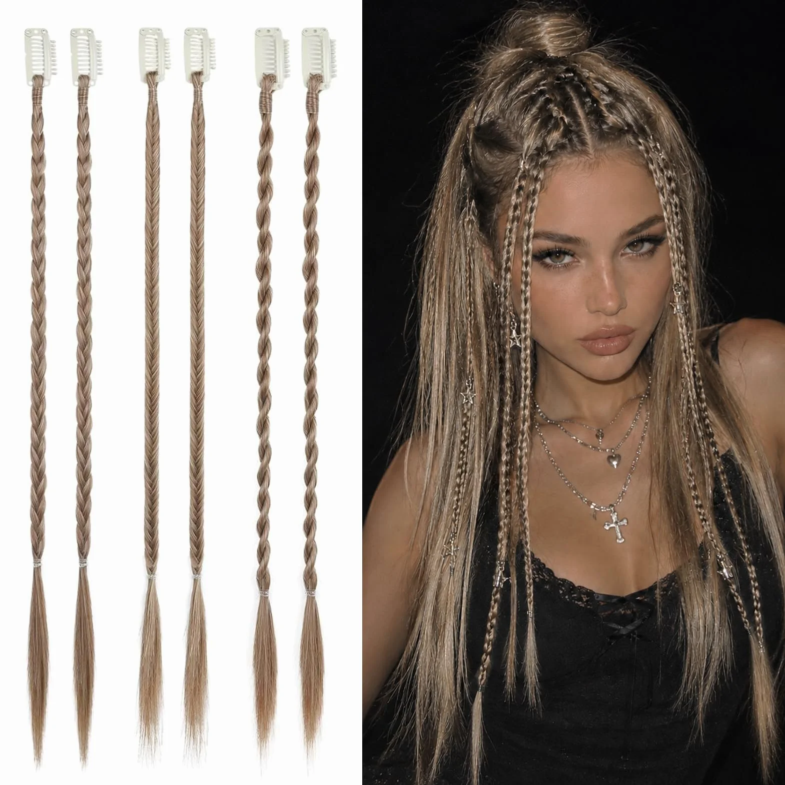 Extensiones Trenzadas con Clip 45 cm Rubio Oscuro Cabello Sintético para Mujer