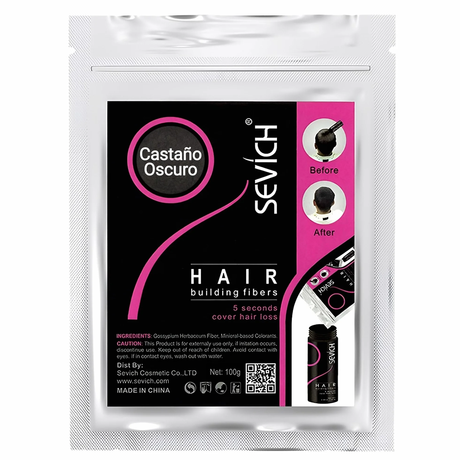 Bolsa Recarga Fibras Capilares Castaño Oscuro 100g 100% Natural para Disimular Calvicie y Alopecia