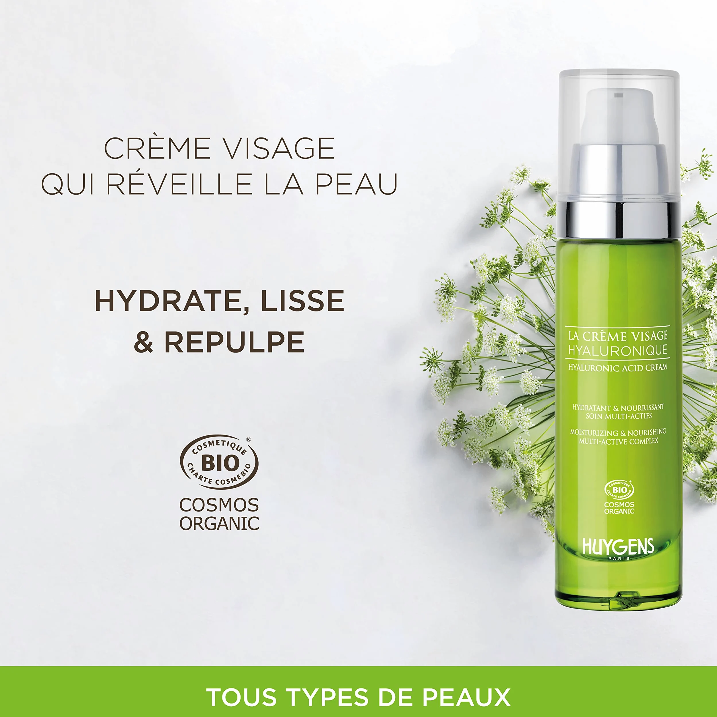 La Crema Hidratante – 100% Hidratación Inmediata – Crema de ácido hialurónico orgánico HUYGENS – Revitaliza y lisa – 50 ml – 100% natural – Made In France